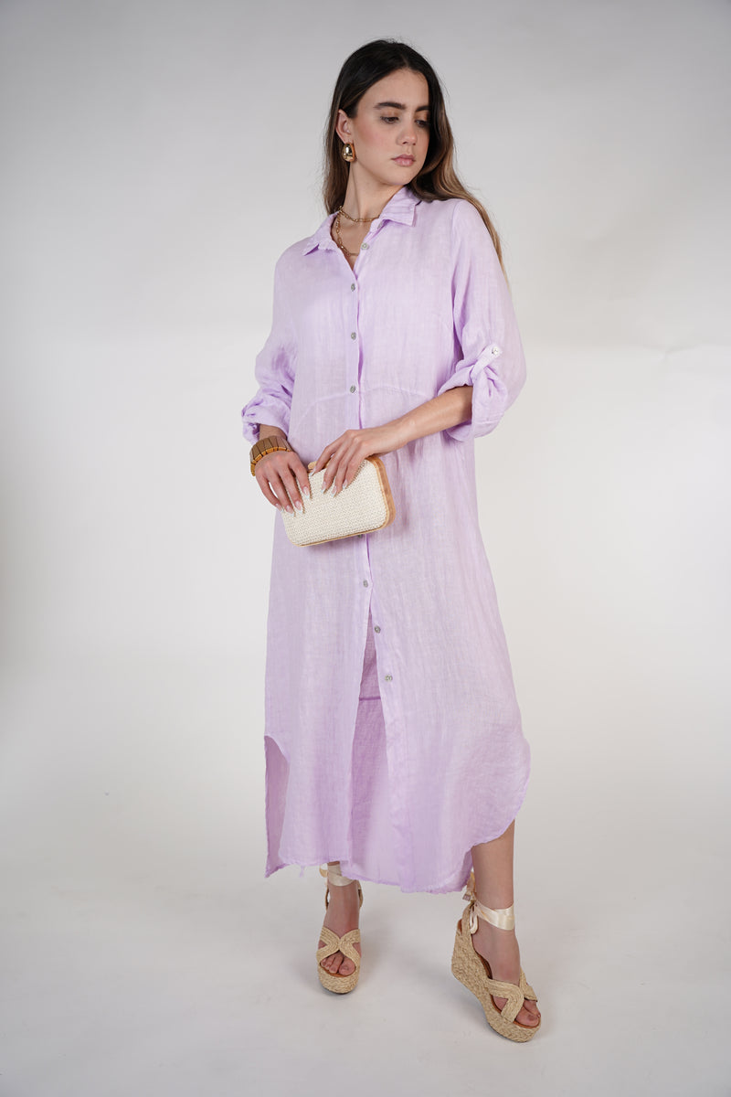 Marzei Linen Maxi Dress – Button-Down Long Shirt Dress, One Size, Multiple Colors