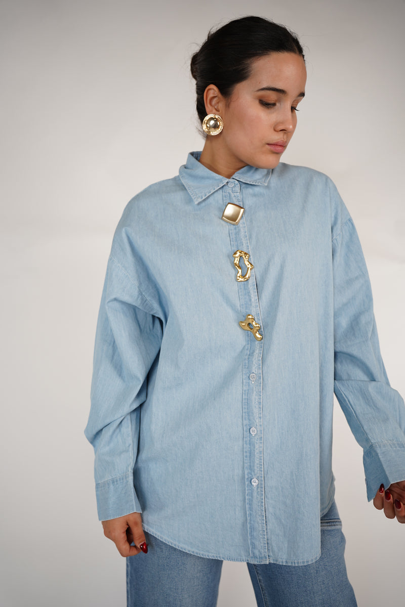 Ressi Exotic Button Down – Light Denim Shirt with Statement Jewelry Buttons