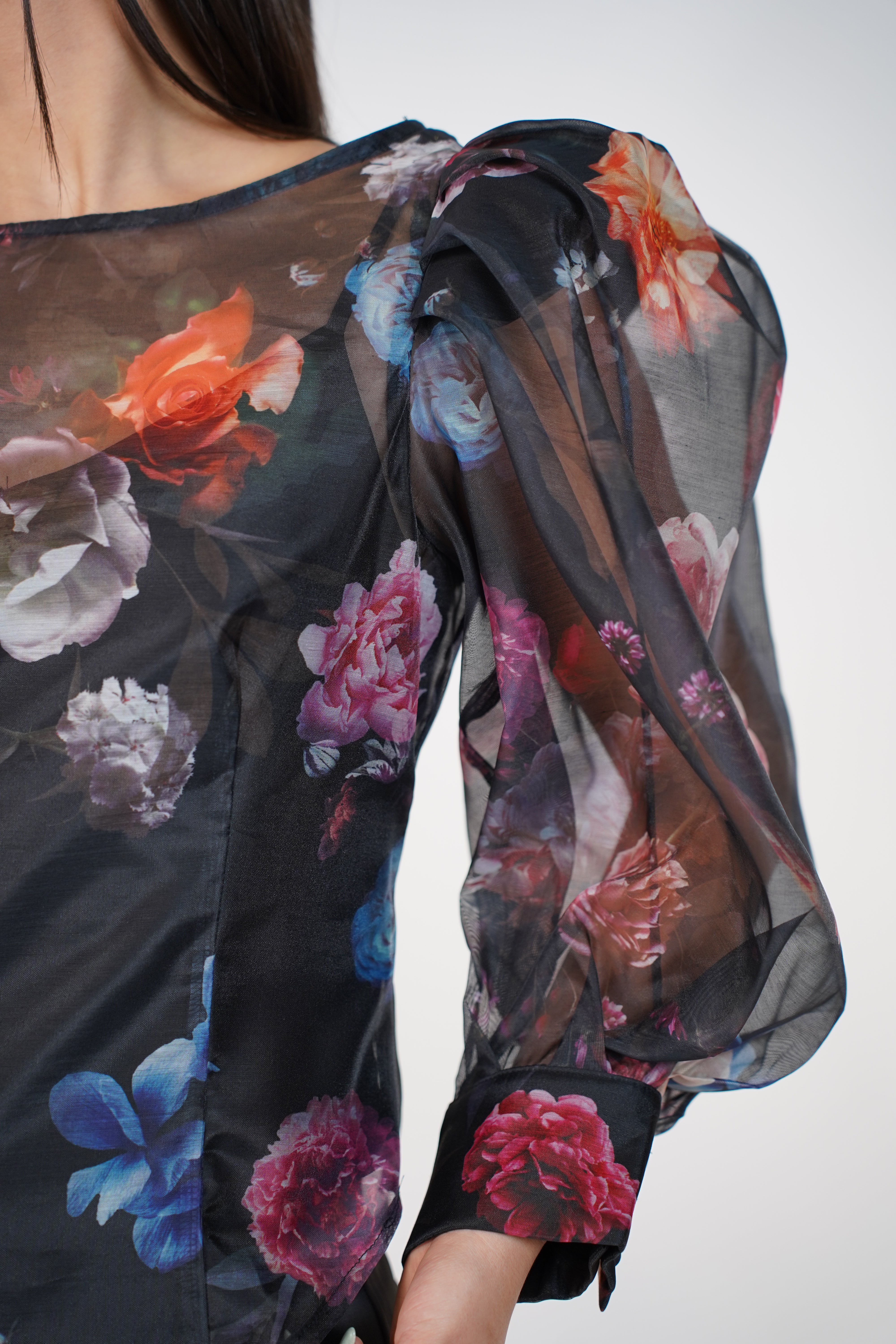 Zorevia Floral Puff Sleeve Top – Sheer Romantic Statement Blouse