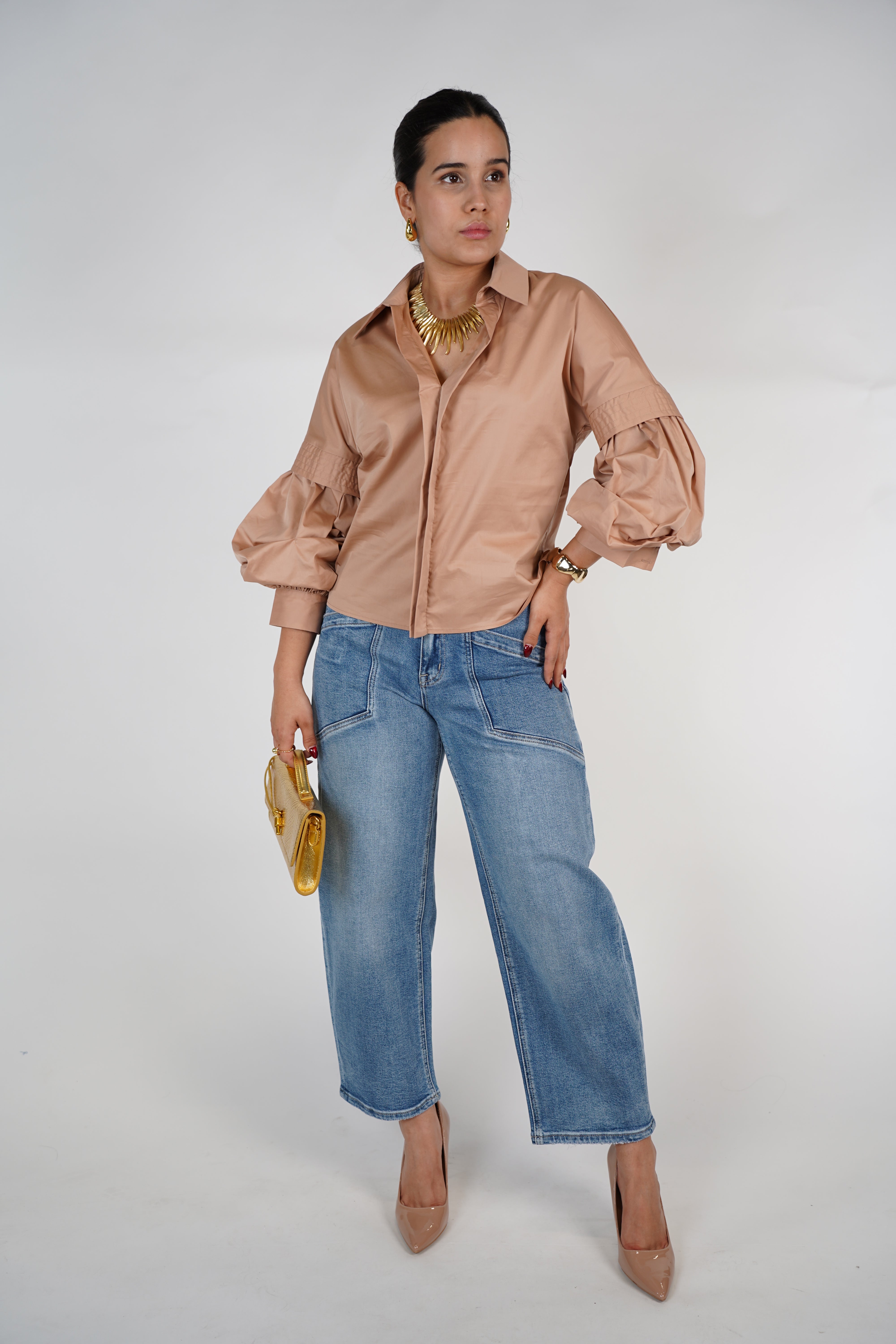 Lomie Puff Sleeve Top – White Poplin Shirt with Voluminous Sleeves