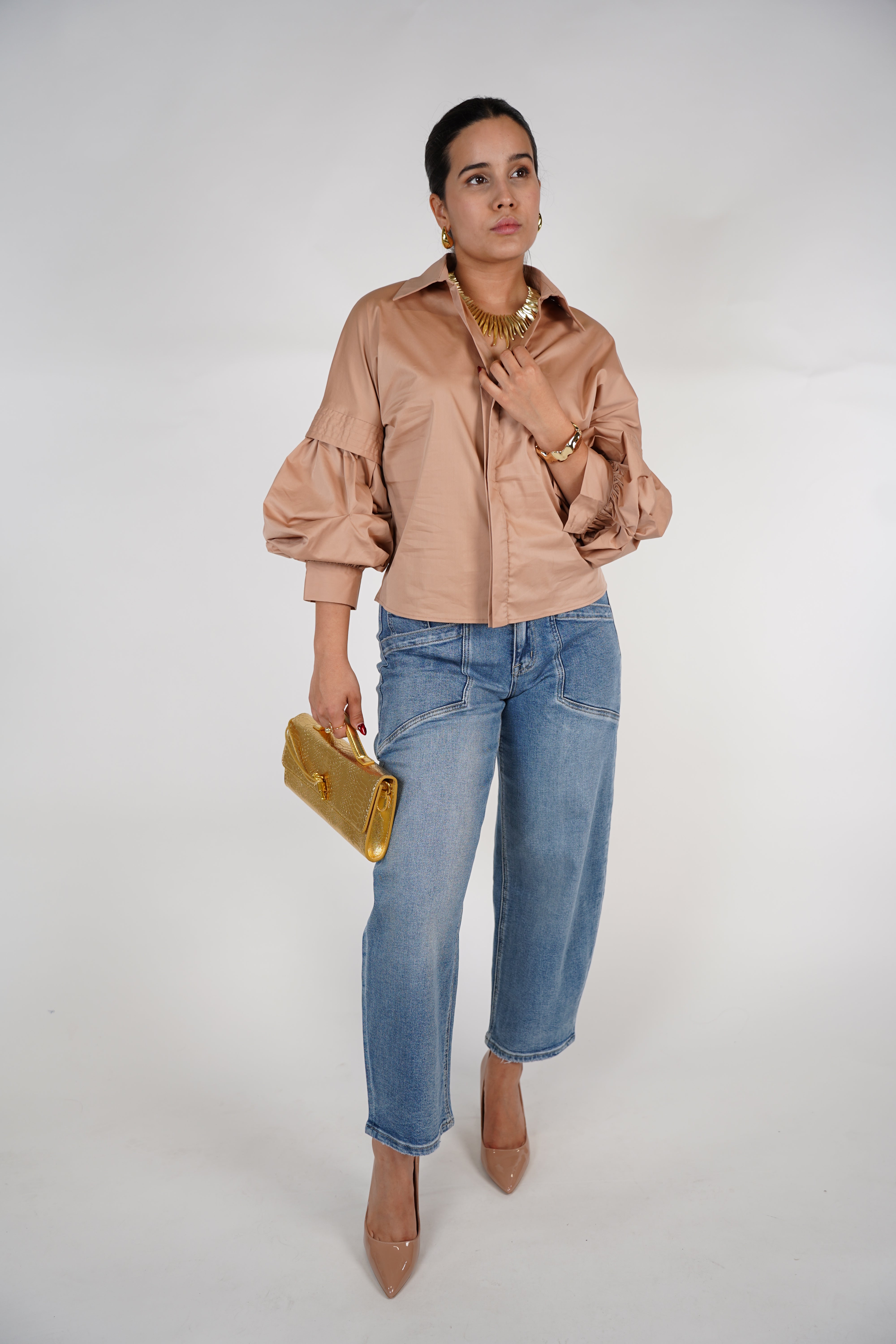 Lomie Puff Sleeve Top – White Poplin Shirt with Voluminous Sleeves