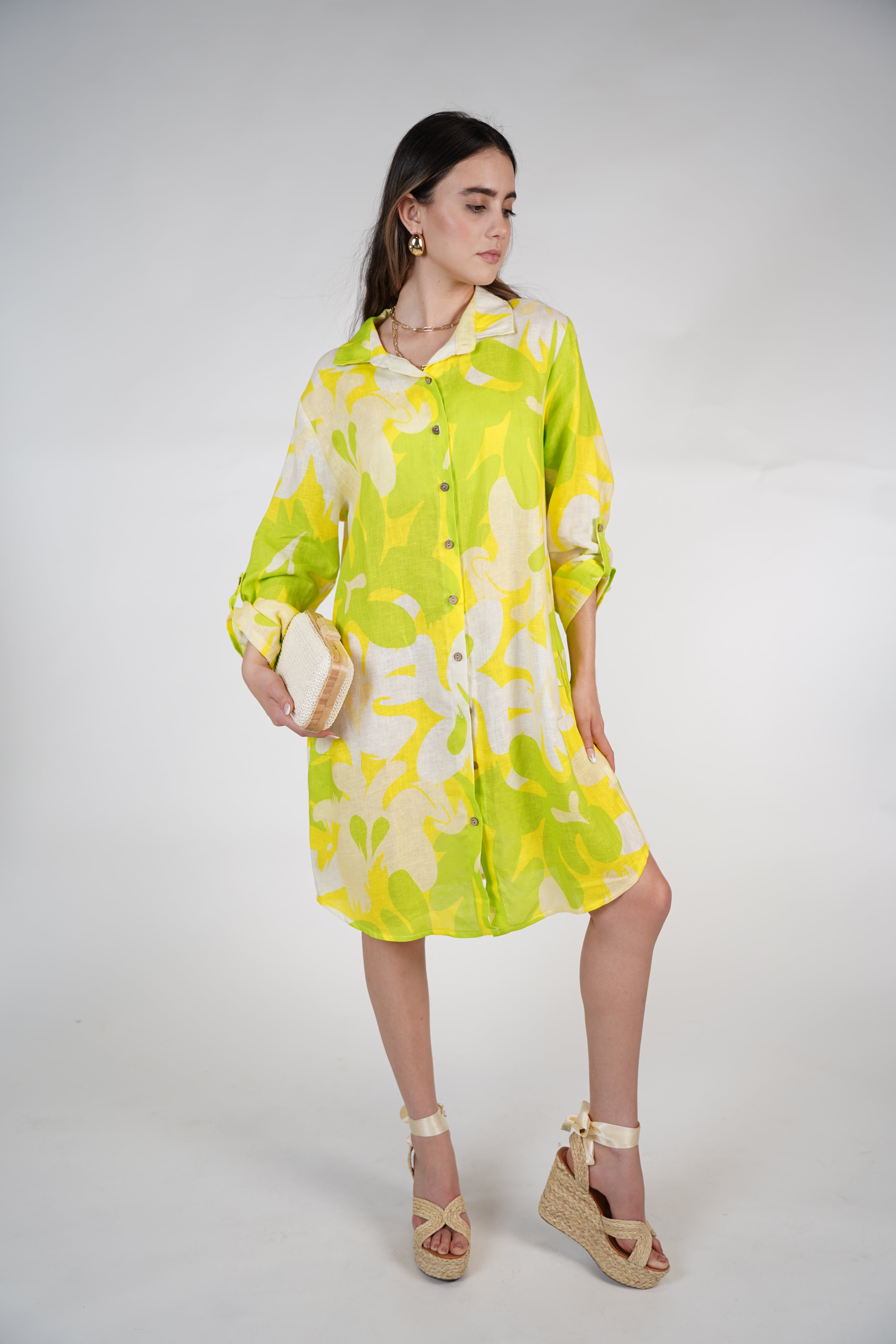 Aylin Stamped Linen Dress – Bright Yellow & Lime Button-Down Shirt Dress