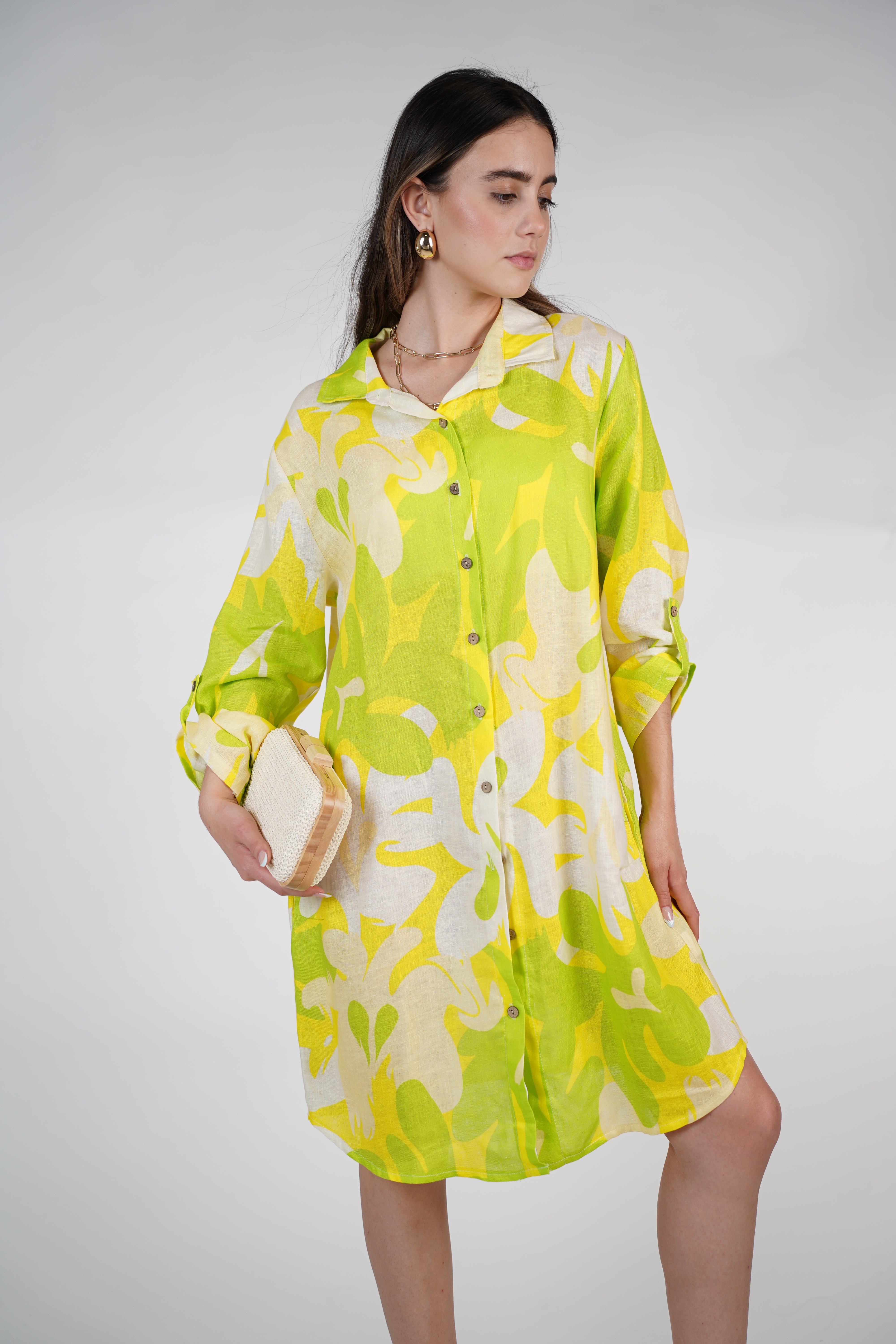 Aylin Stamped Linen Dress – Bright Yellow & Lime Button-Down Shirt Dress