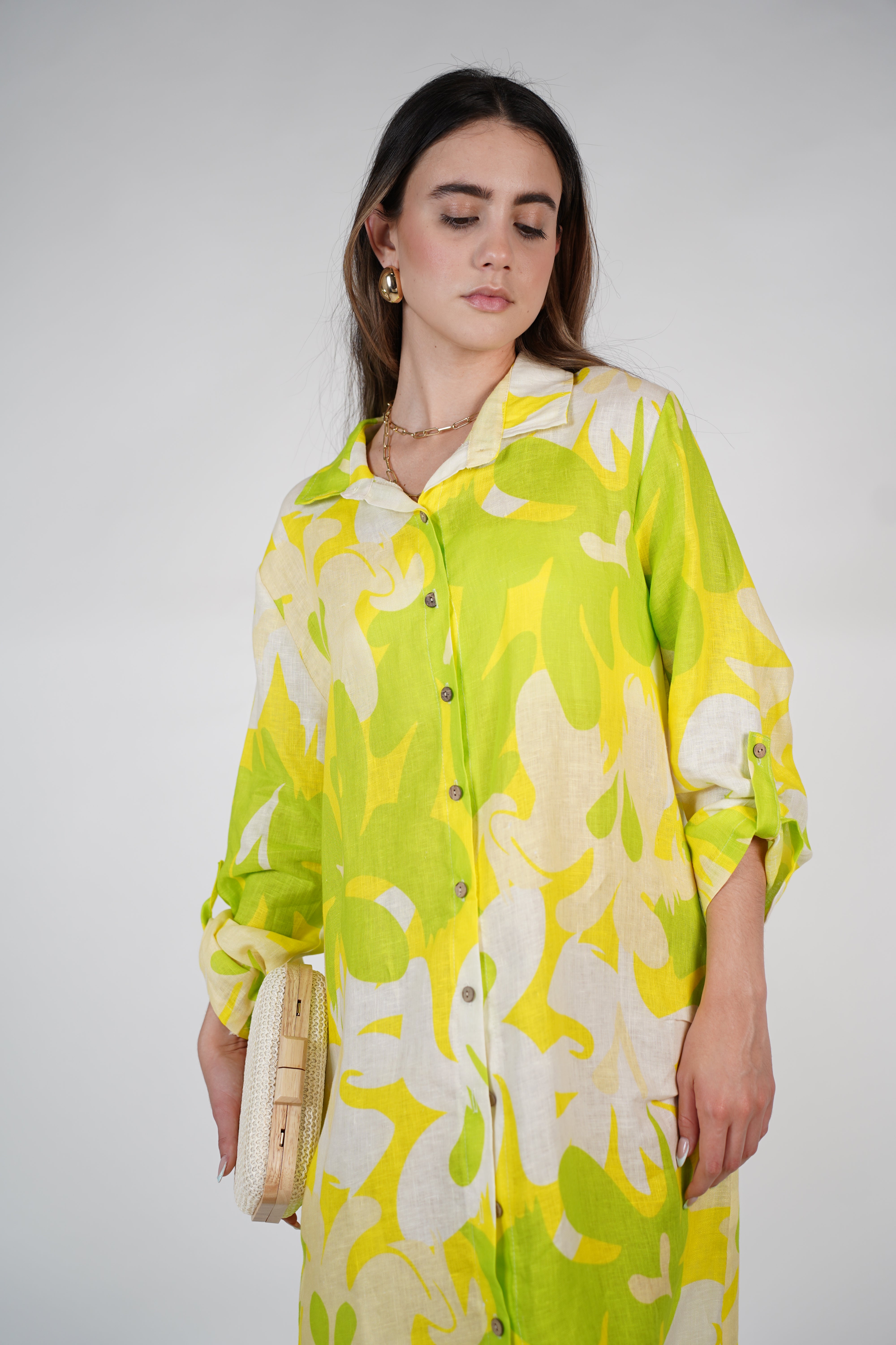 Aylin Stamped Linen Dress – Bright Yellow & Lime Button-Down Shirt Dress