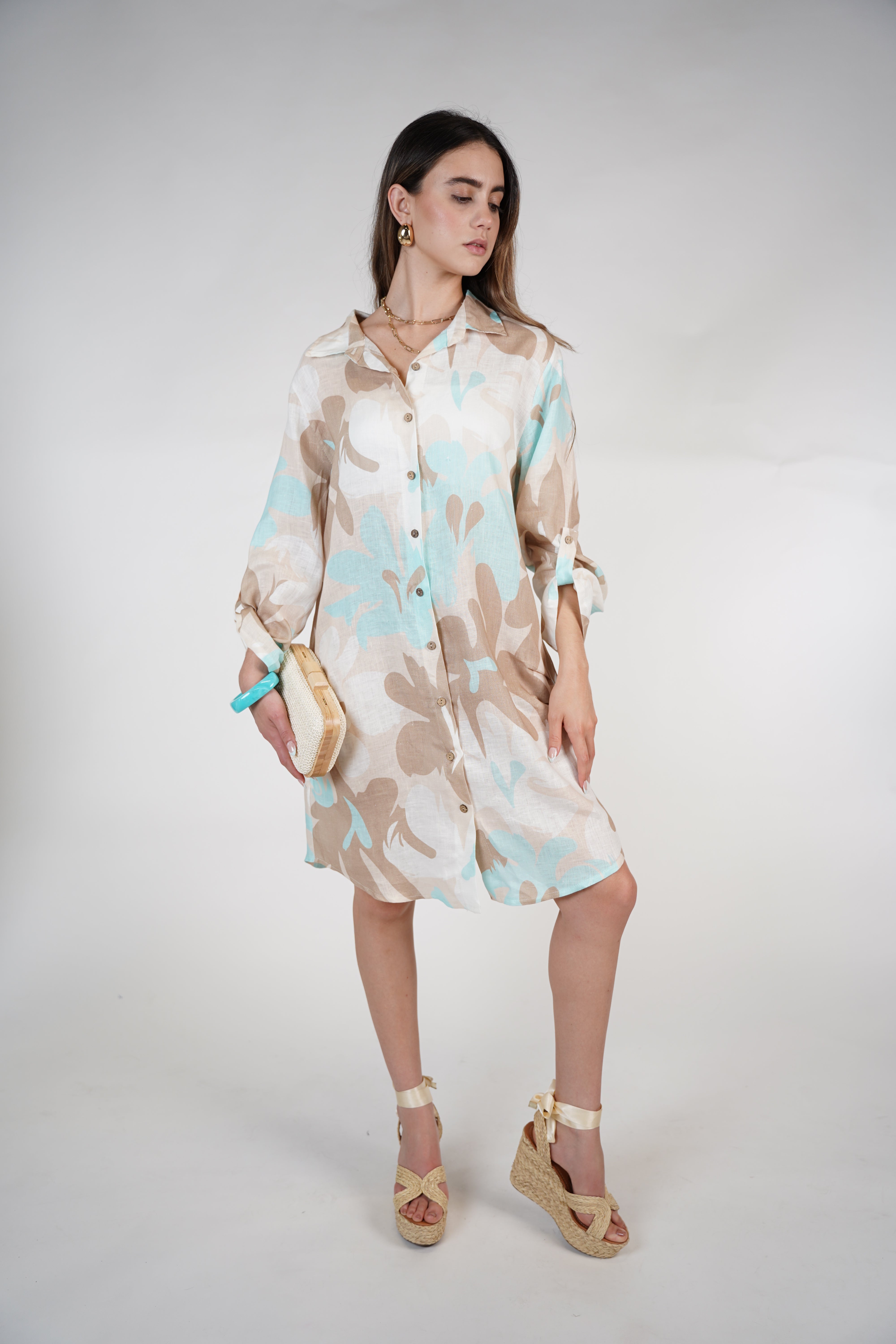 Aylin Stamped Linen Dress – Bright Yellow & Lime Button-Down Shirt Dress