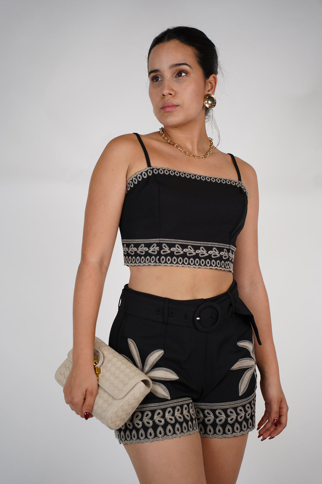 Urea Palm Shorts Set – Black Embroidered Crop Top & High-Waisted Shorts