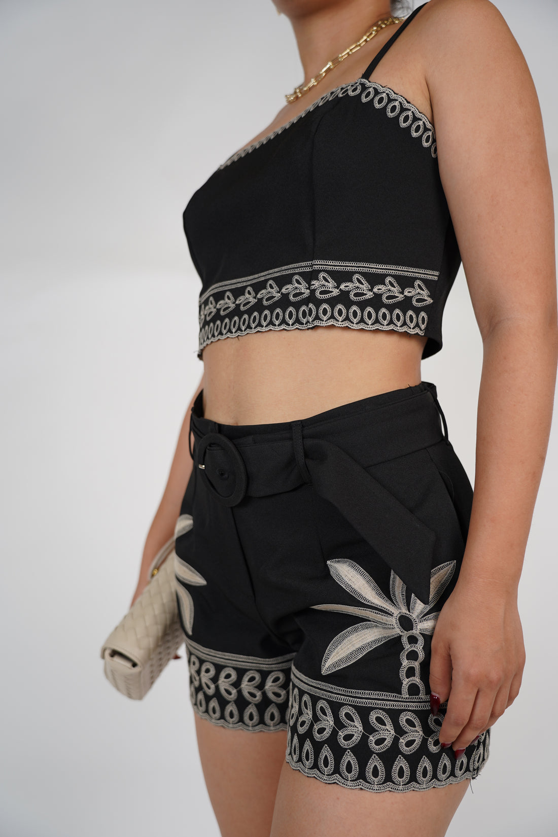 Urea Palm Shorts Set – Black Embroidered Crop Top & High-Waisted Shorts