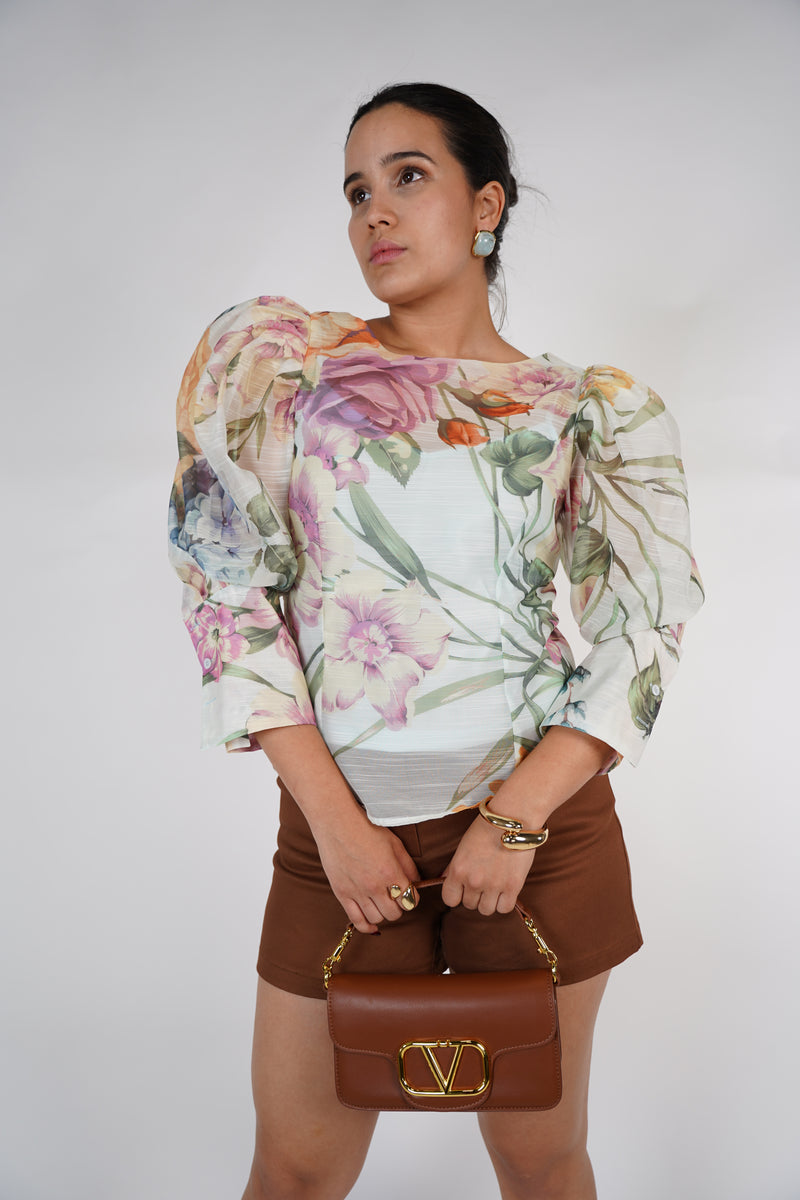 Nyka Floral Blouse – Structured Puff Sleeve Sheer Floral Top