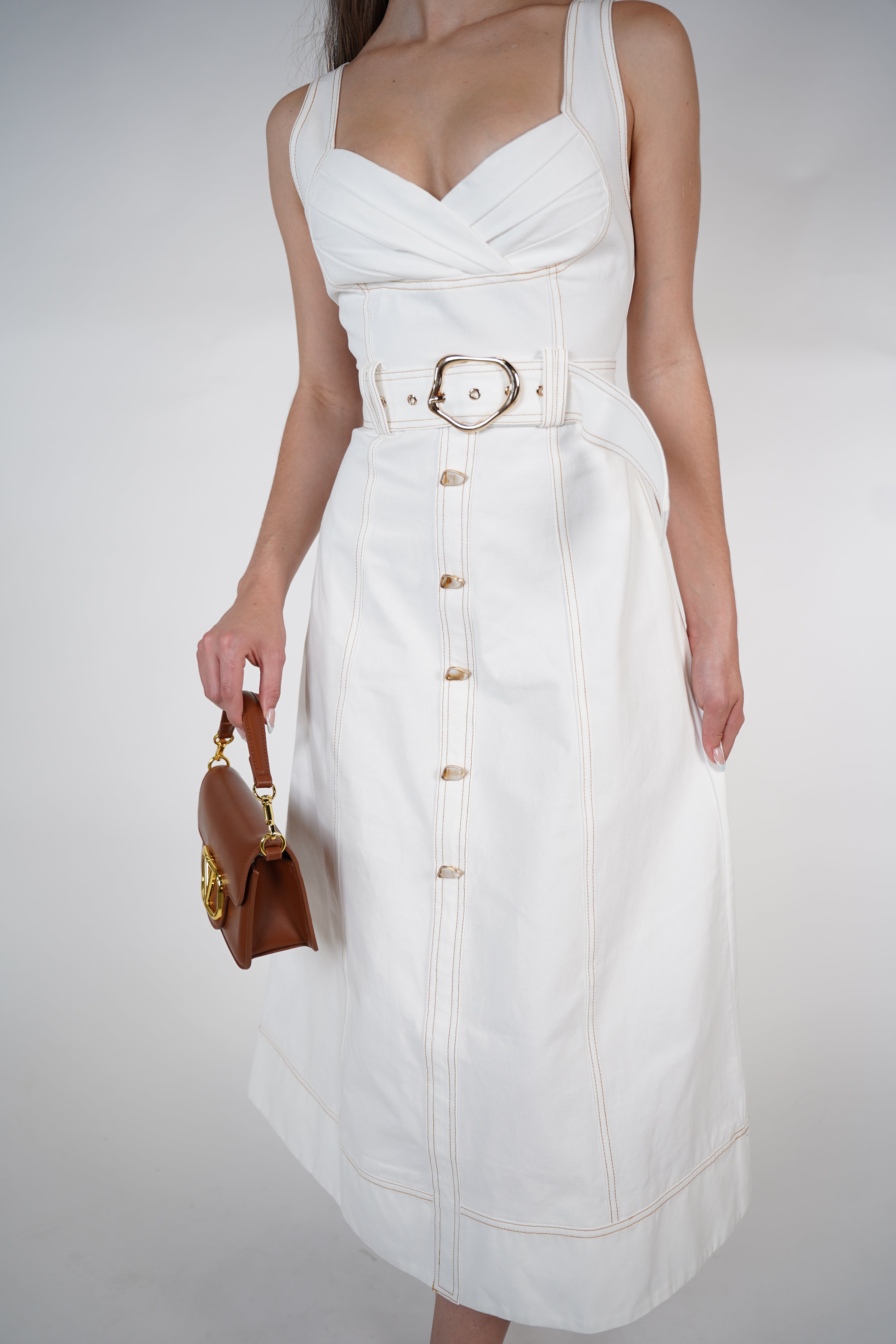 Alari Belted Maxi Dress – White Structured Dress with Belted Waist & Button Detail