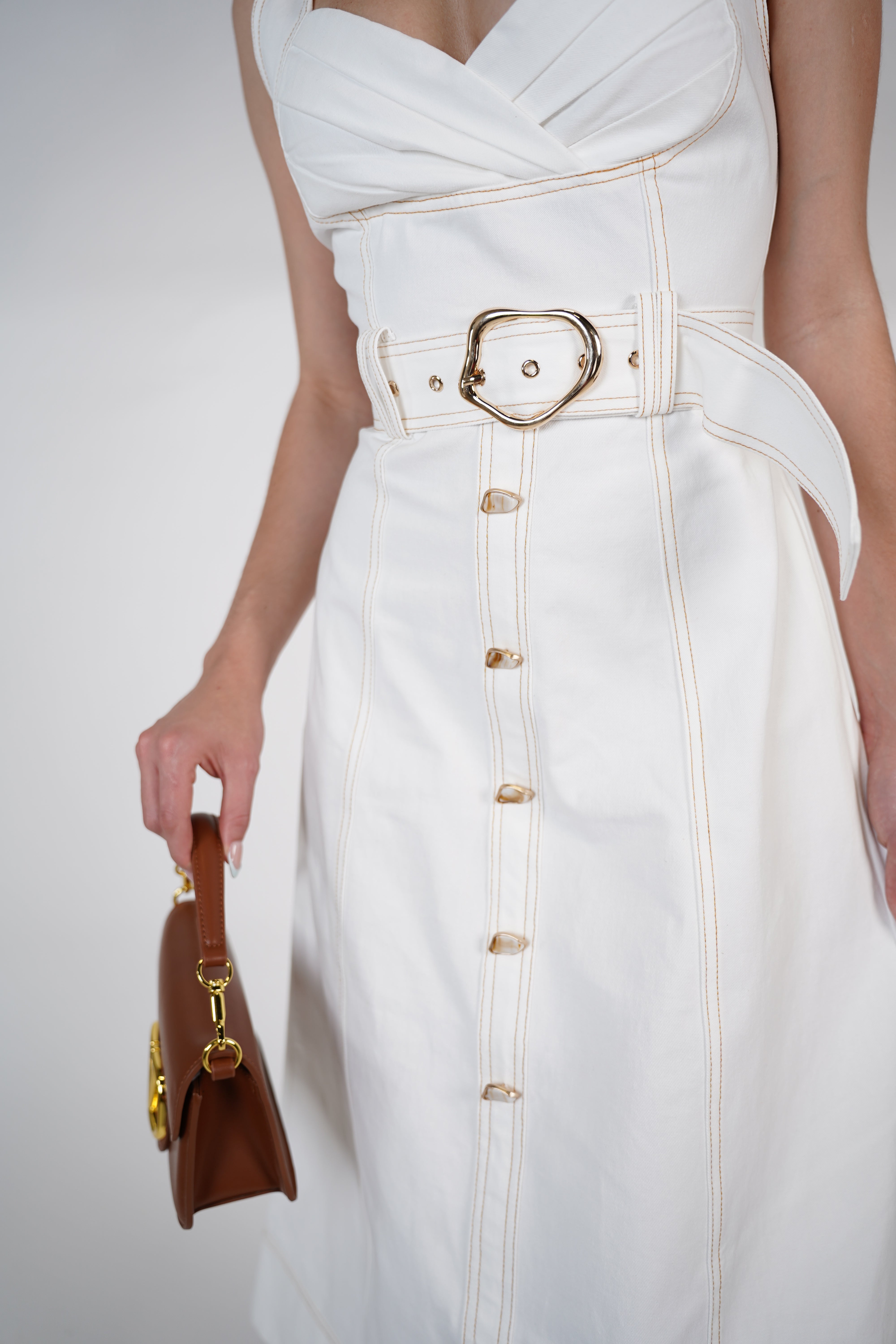 Alari Belted Maxi Dress – White Structured Dress with Belted Waist & Button Detail