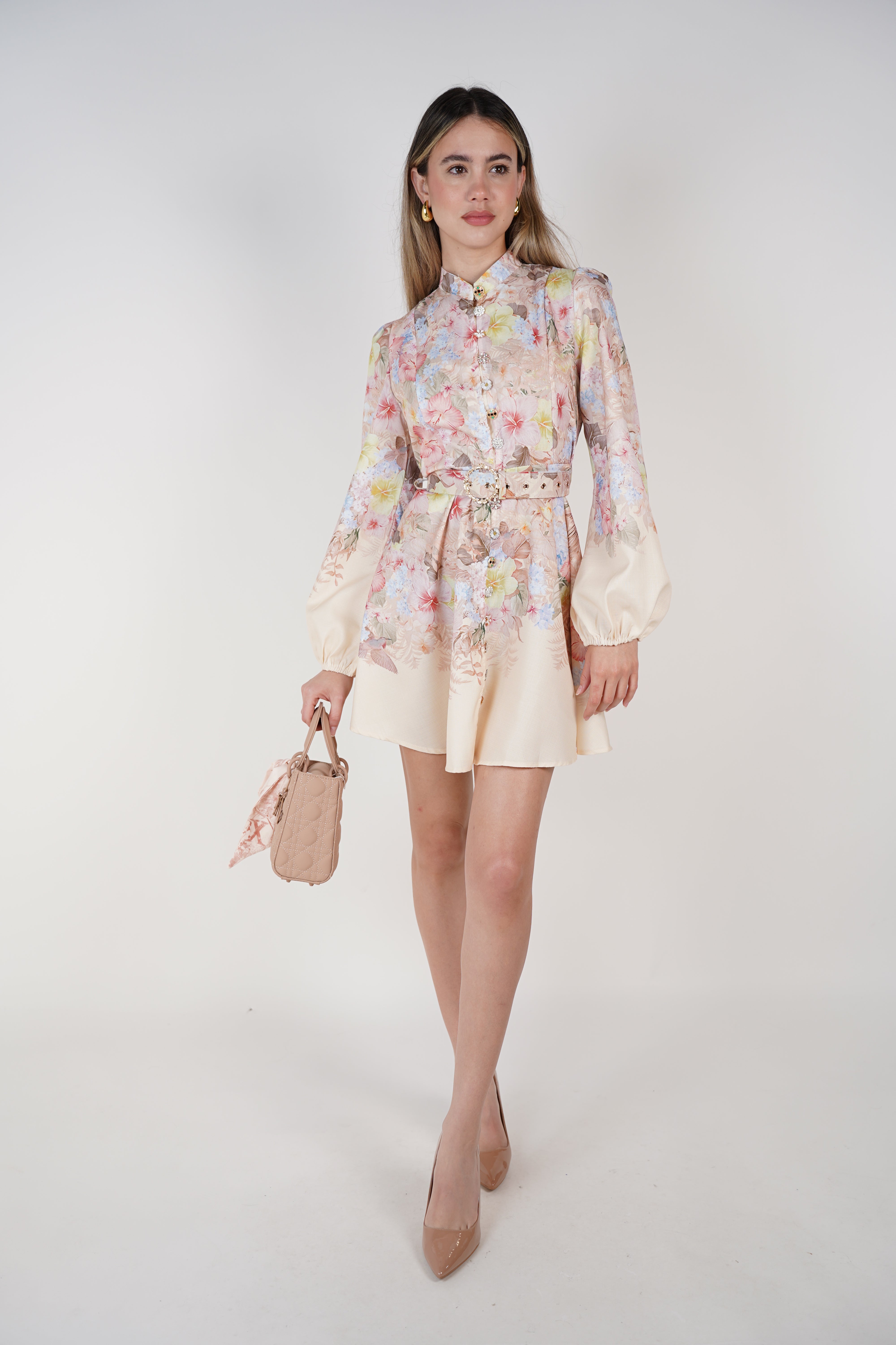Elzea Stamped Mini Dress – Floral Button-Up Satin Mini with Belt