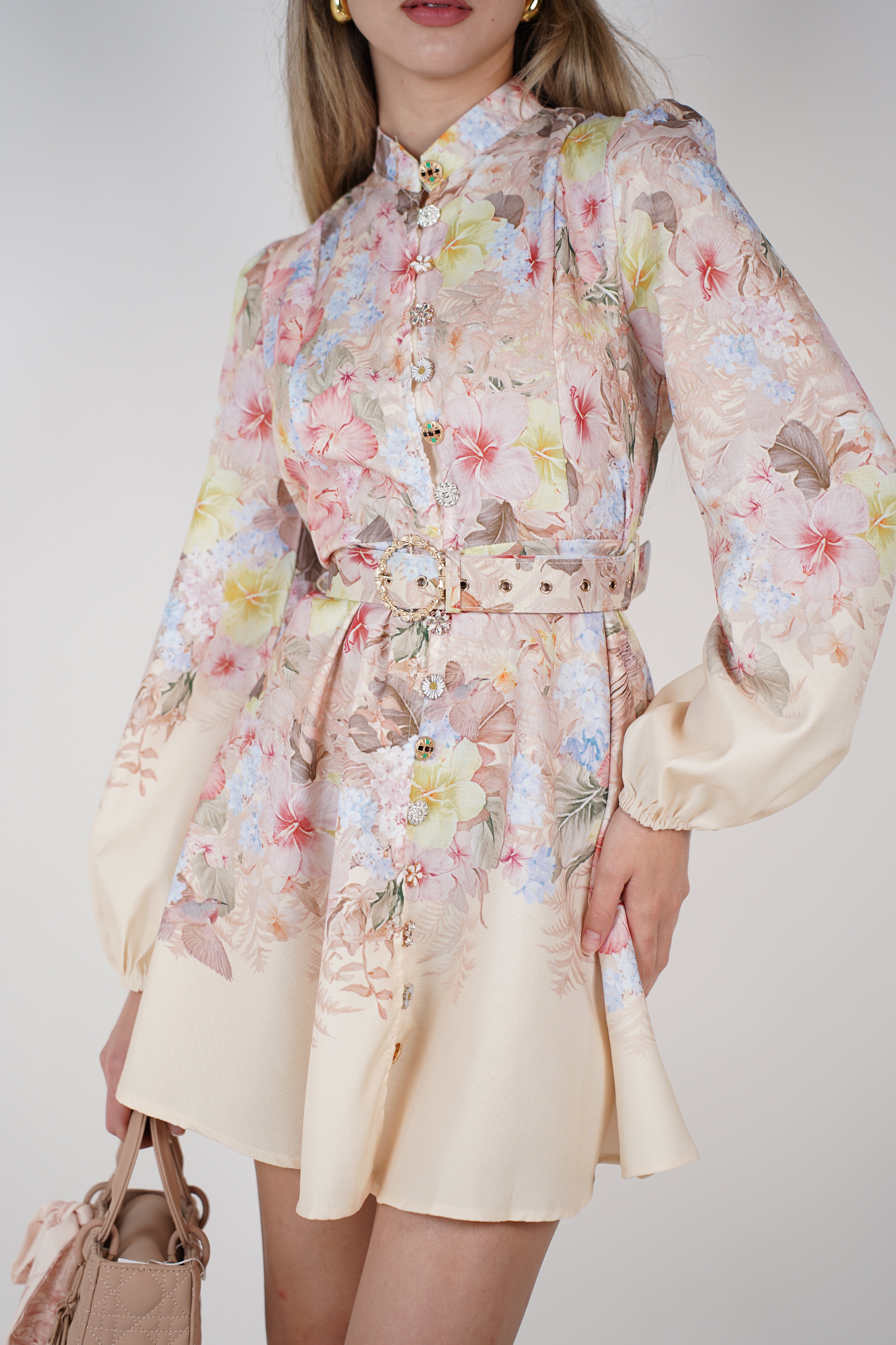 Elzea Stamped Mini Dress – Floral Button-Up Satin Mini with Belt