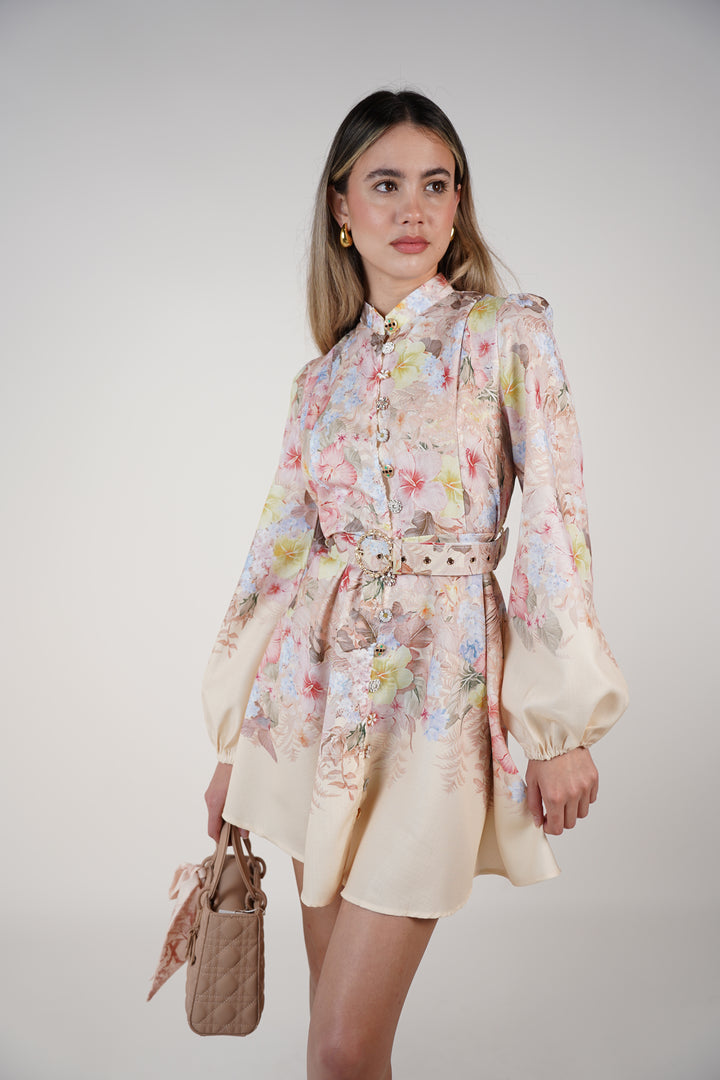 Elzea Stamped Mini Dress – Floral Button-Up Satin Mini with Belt