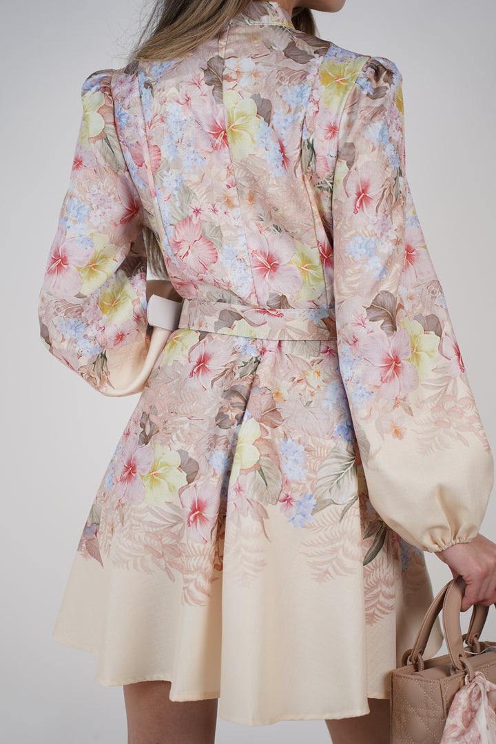 Elzea Stamped Mini Dress – Floral Button-Up Satin Mini with Belt