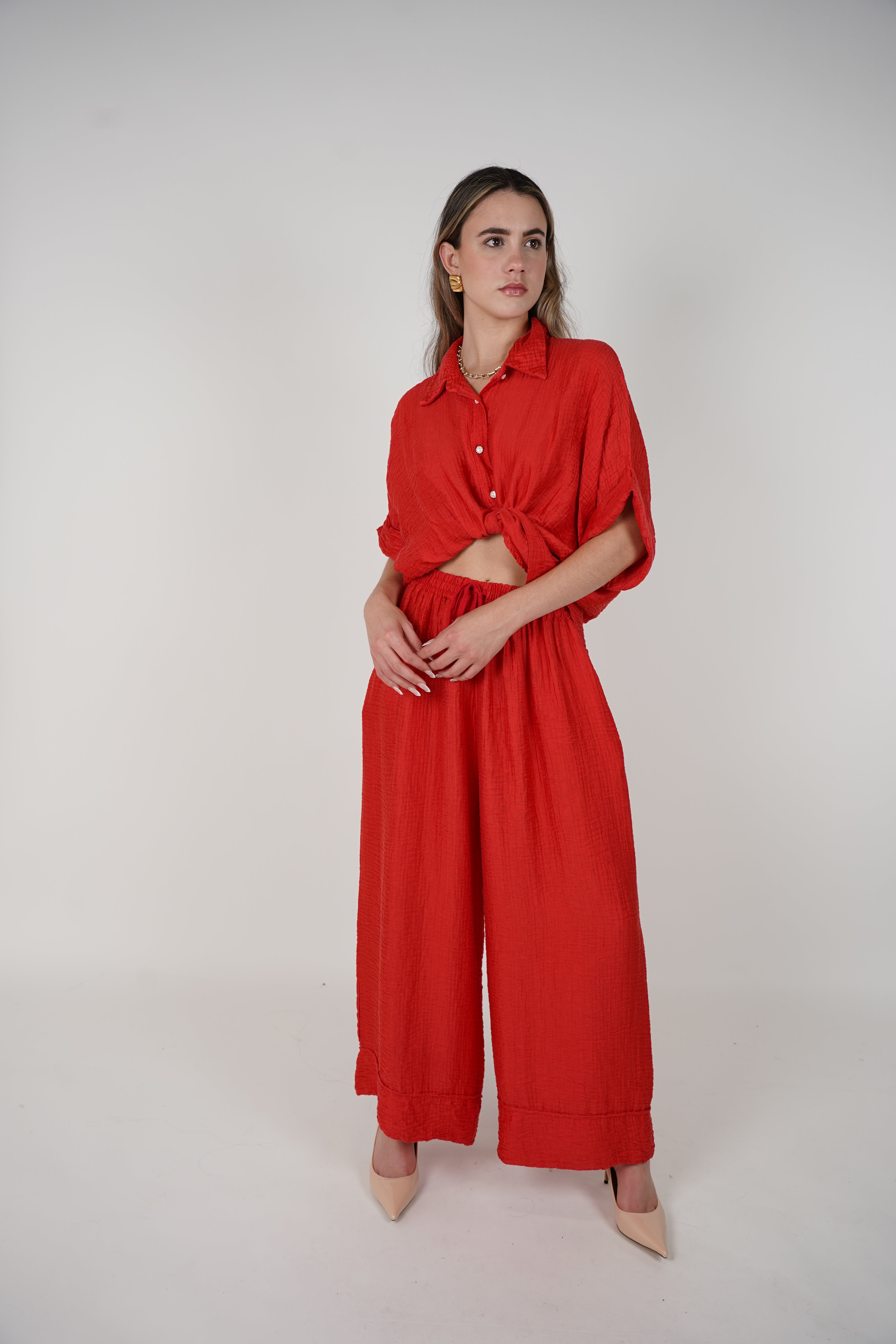 Evelyn Oversized Pants Set – Flowy Button Top & Wide-Leg Pants, One Size, Multiple Colors