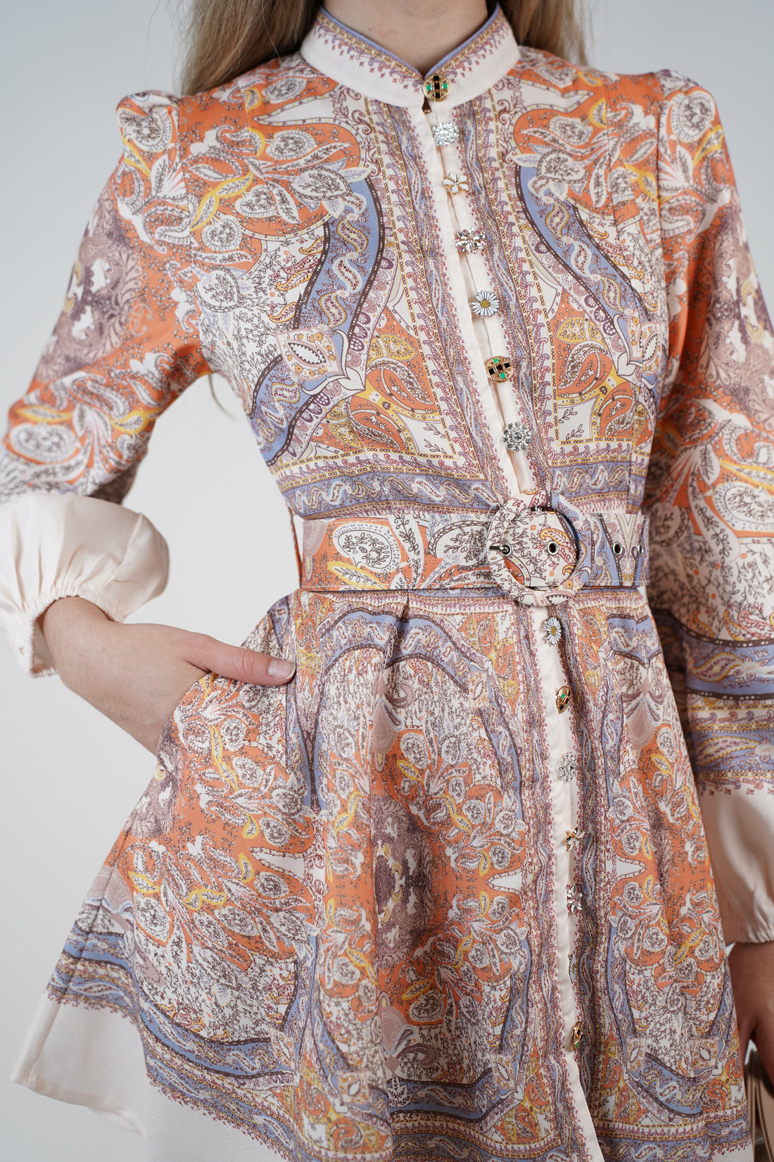 Vanys Stamped Mini Dress – Ornate Print Button Dress with Belt