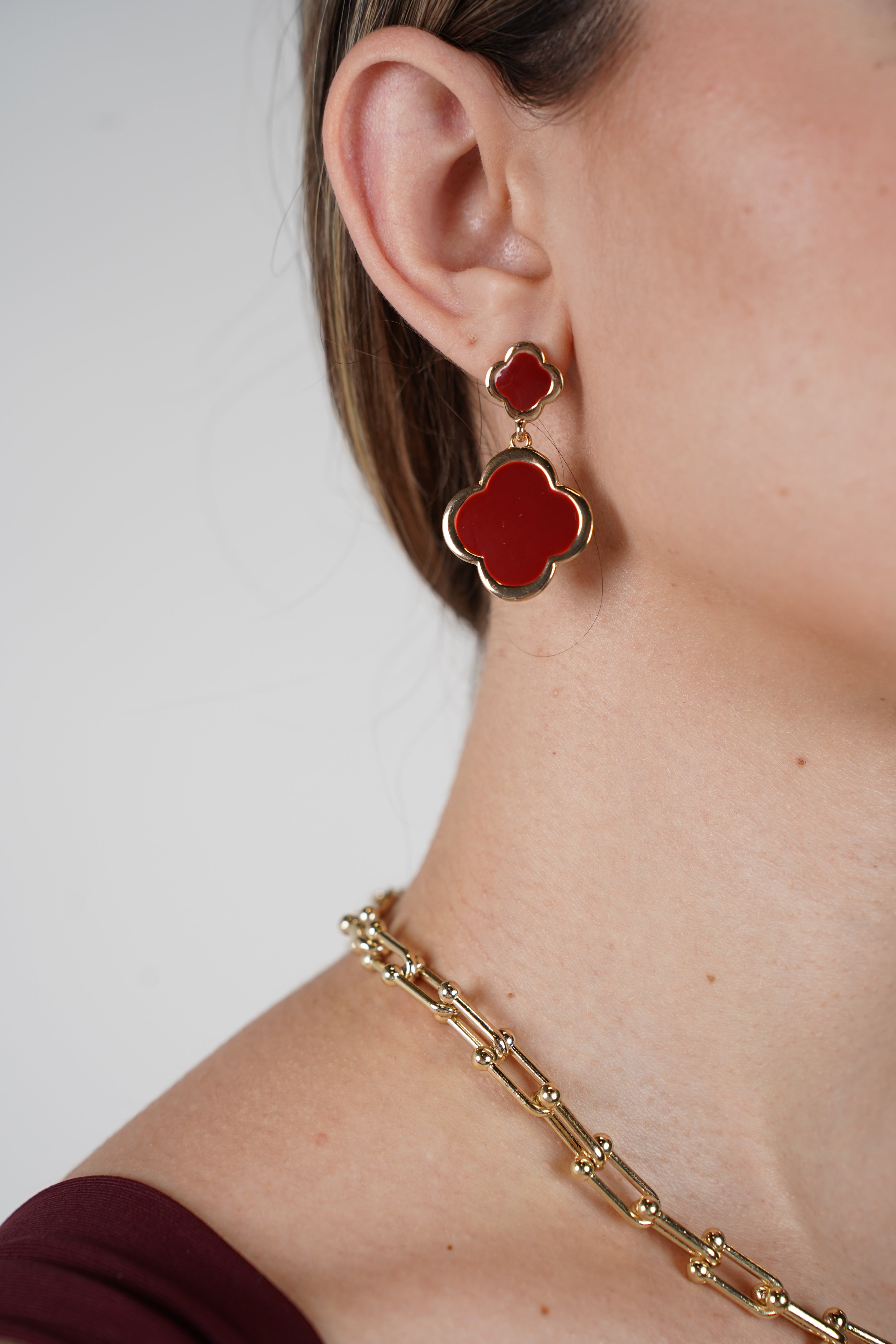 Zary Clover Earrings – Bold Double Clover Drop in Orange Enamel