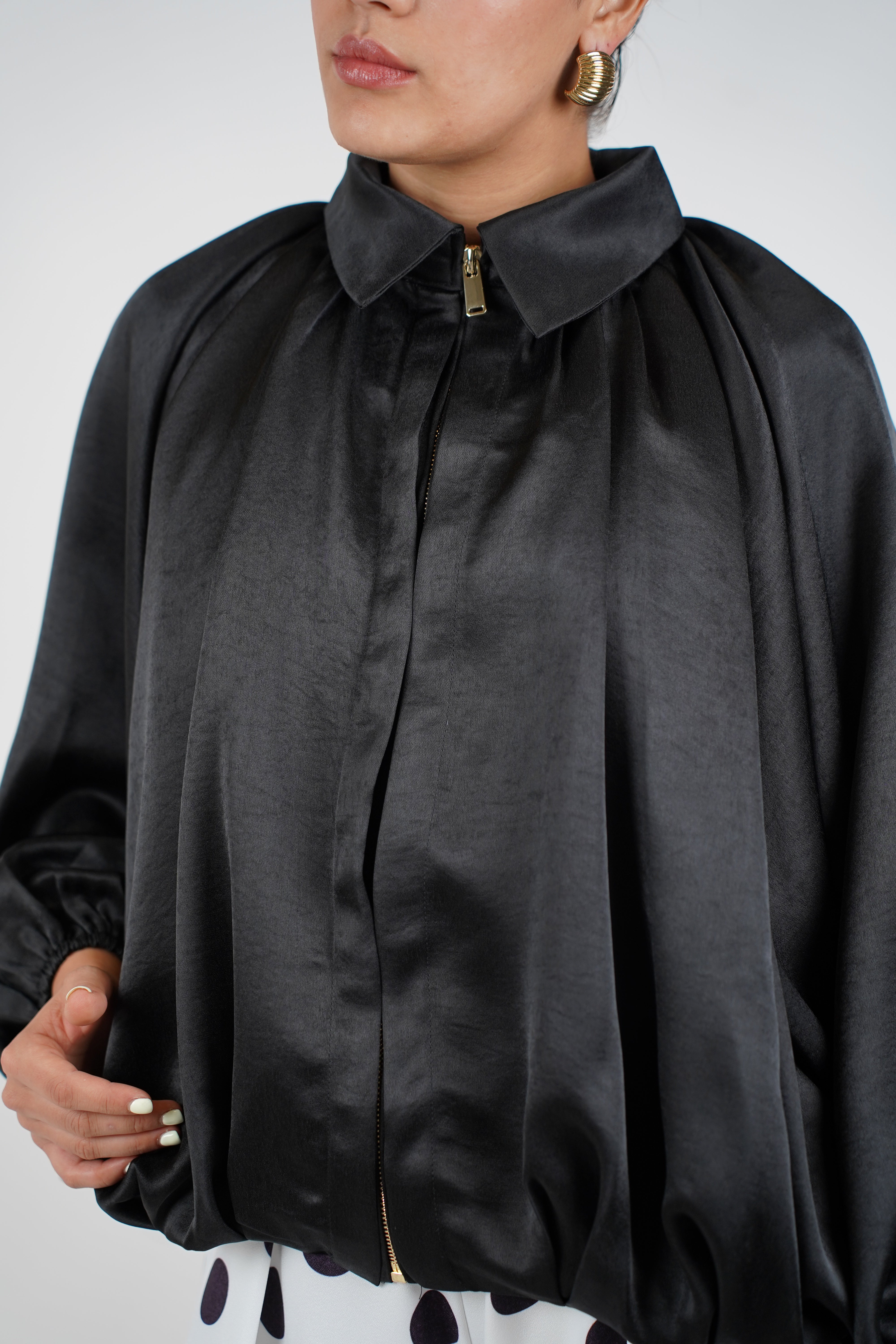 Cami Satin Bubble Bomber Jacket – Luxe Shine Meets Effortless Drama