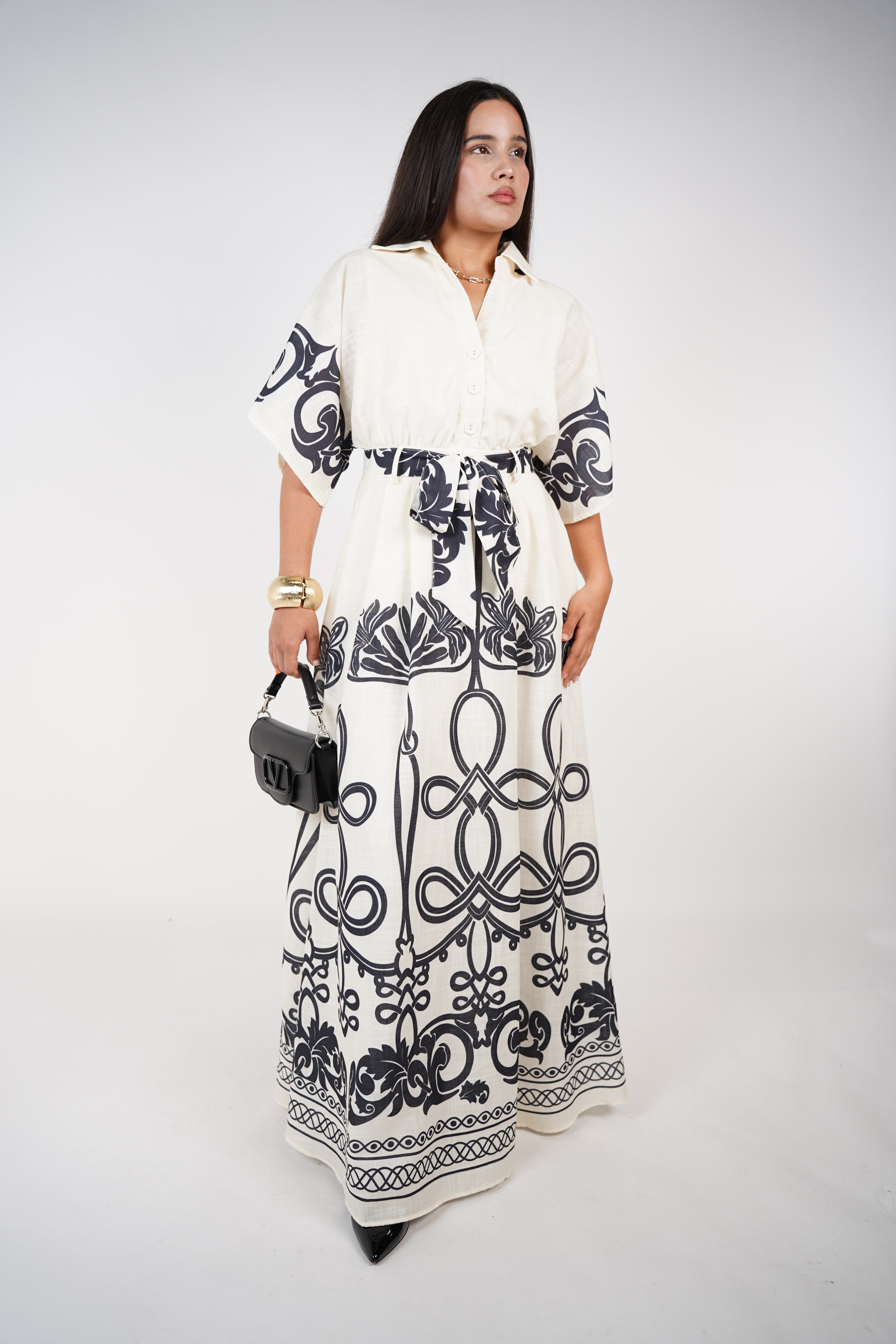 Vela Stamped Belted Maxi Dress – Ivory & Black Boho Print