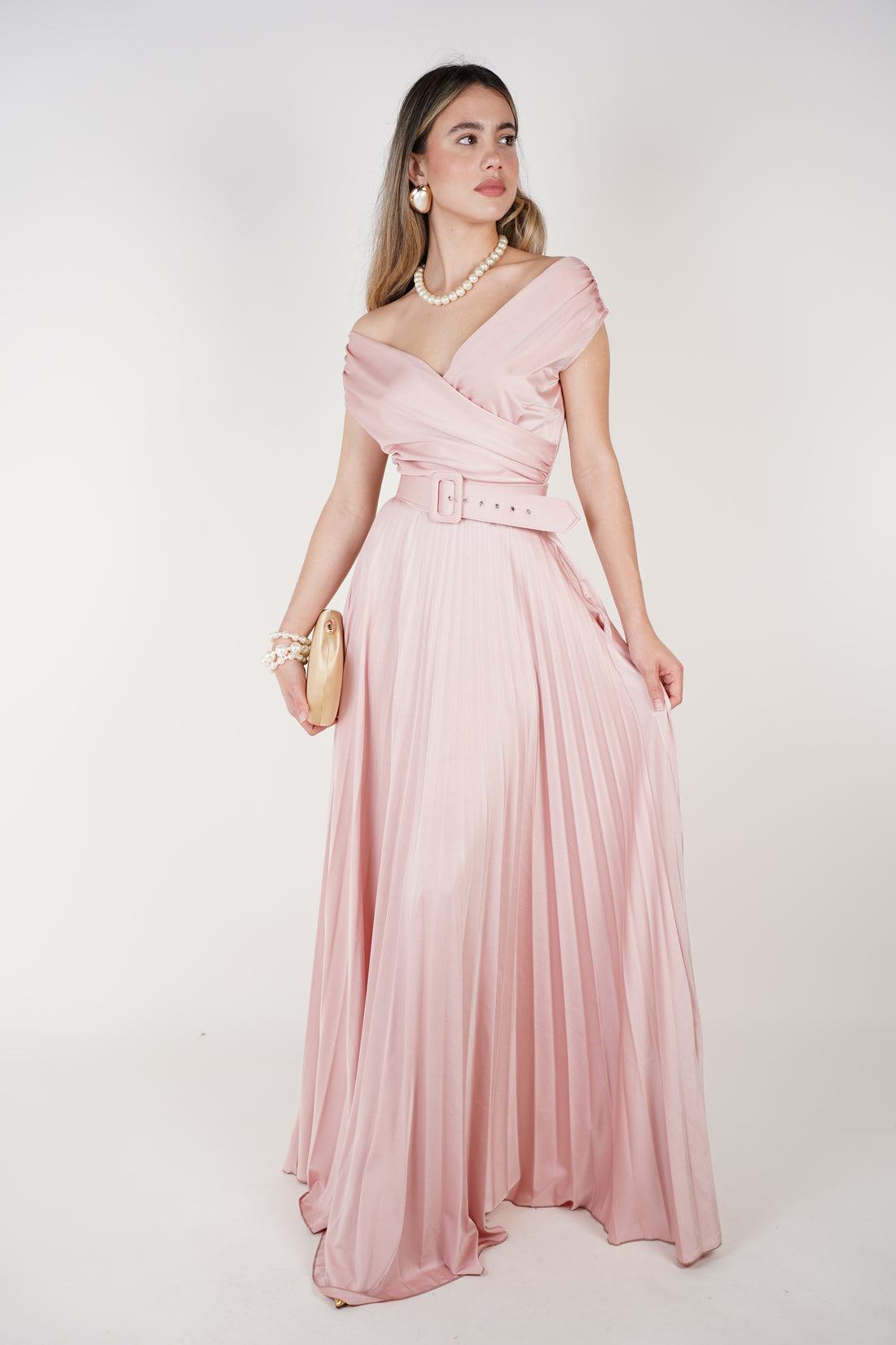 Vessia Maxi Dress – Blush Elegance with a Pleated Flow