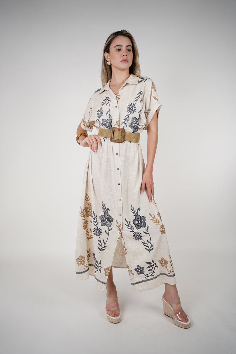 Aveny Belted Dress – Embroidered Button-Up Maxi in Natural Tones
