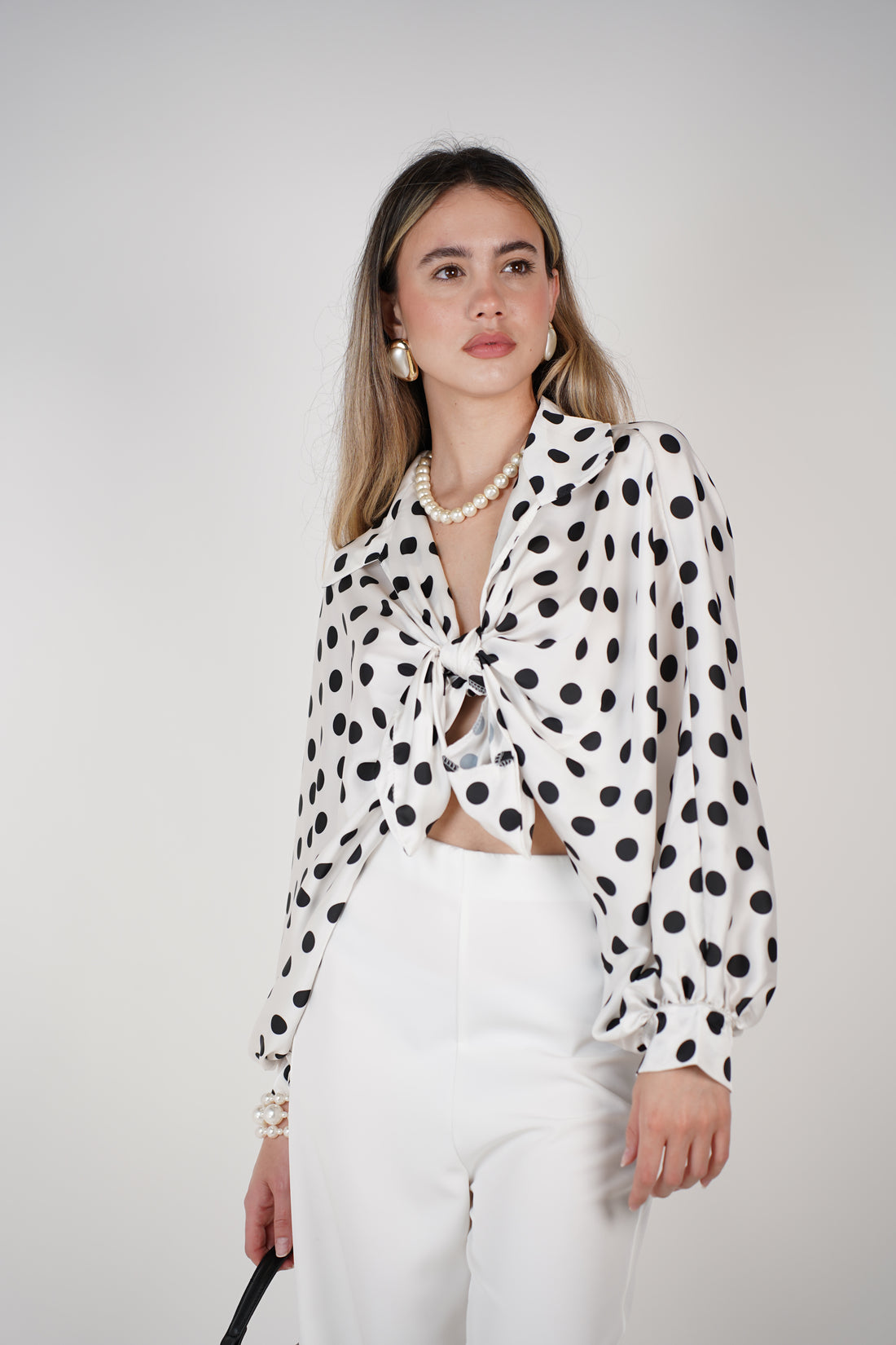 Agatha Polka Dotted Silk Blouse – Chic Satin Tie-Front Statement