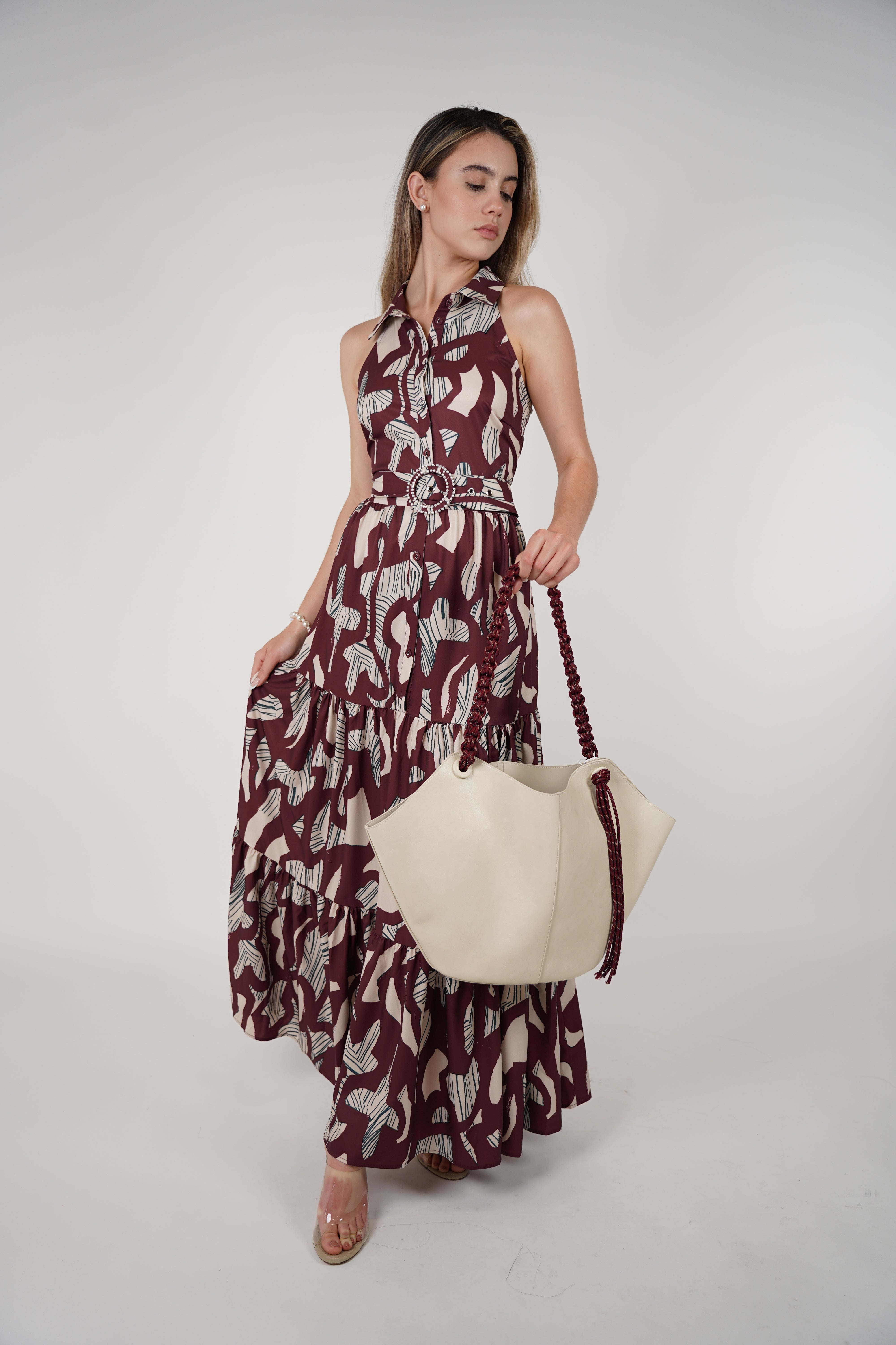 Yalen Maxi Dress – Printed Sleeveless Tiered Dress with Belt