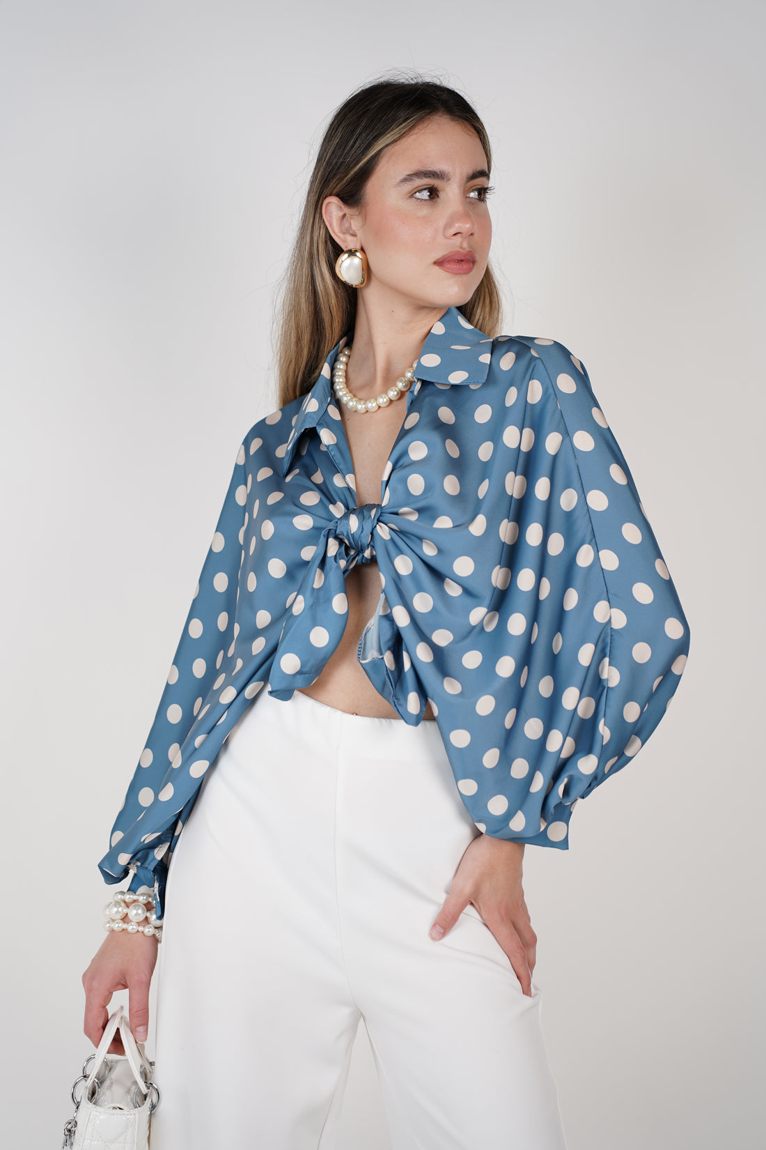 Agatha Polka Dotted Silk Blouse – Chic Satin Tie-Front Statement