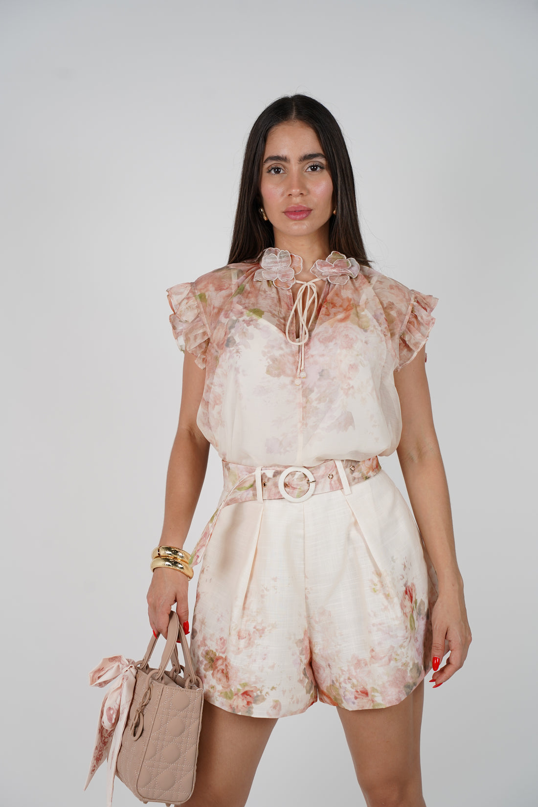 Saviya Floral Short Set – Romantic Soft-Toned Elegance