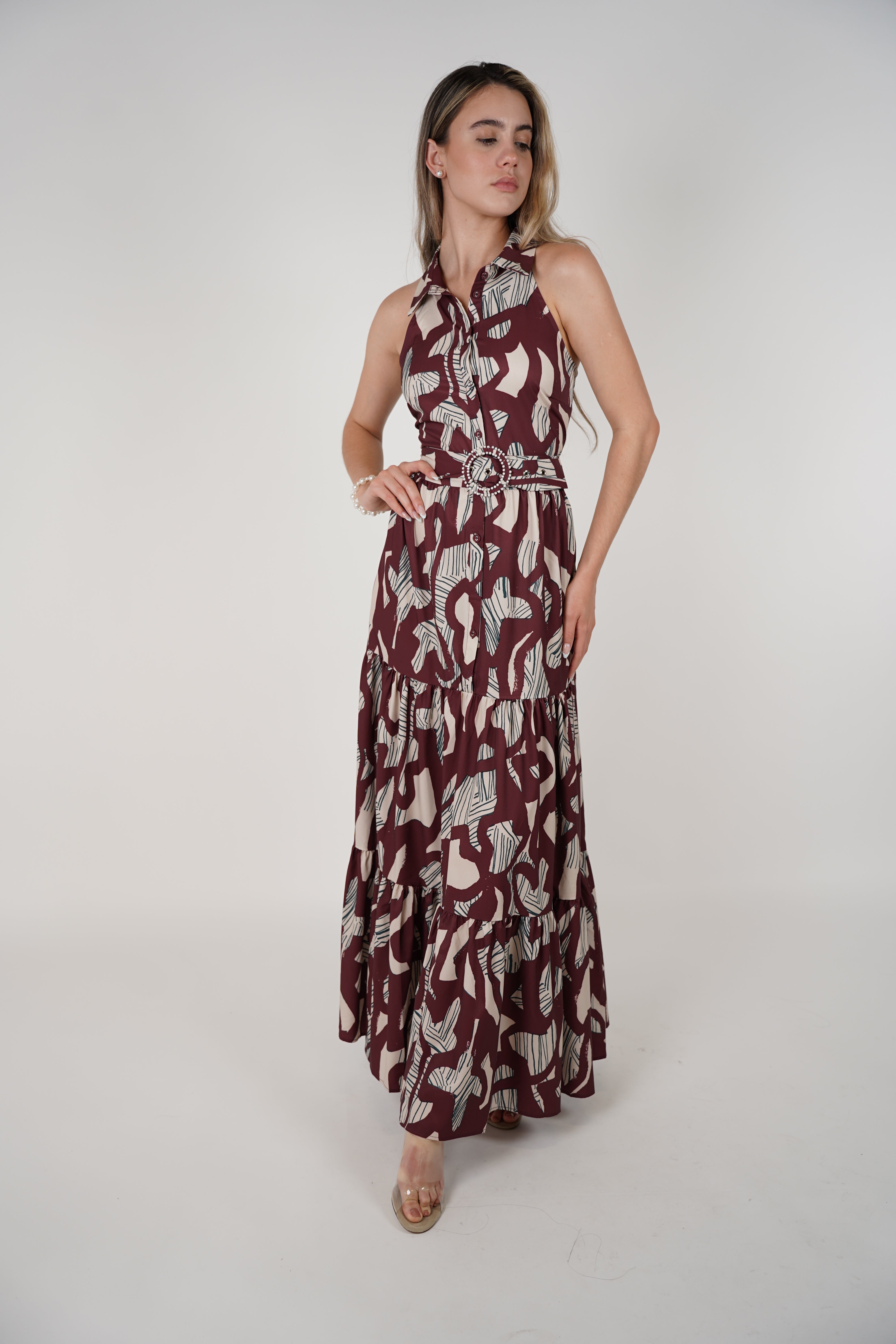 Yalen Maxi Dress – Printed Sleeveless Tiered Dress with Belt