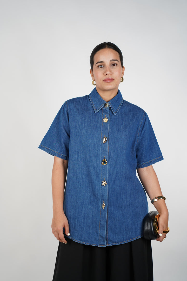 Lilae Denim Button Down – Embellished Statement Shirt