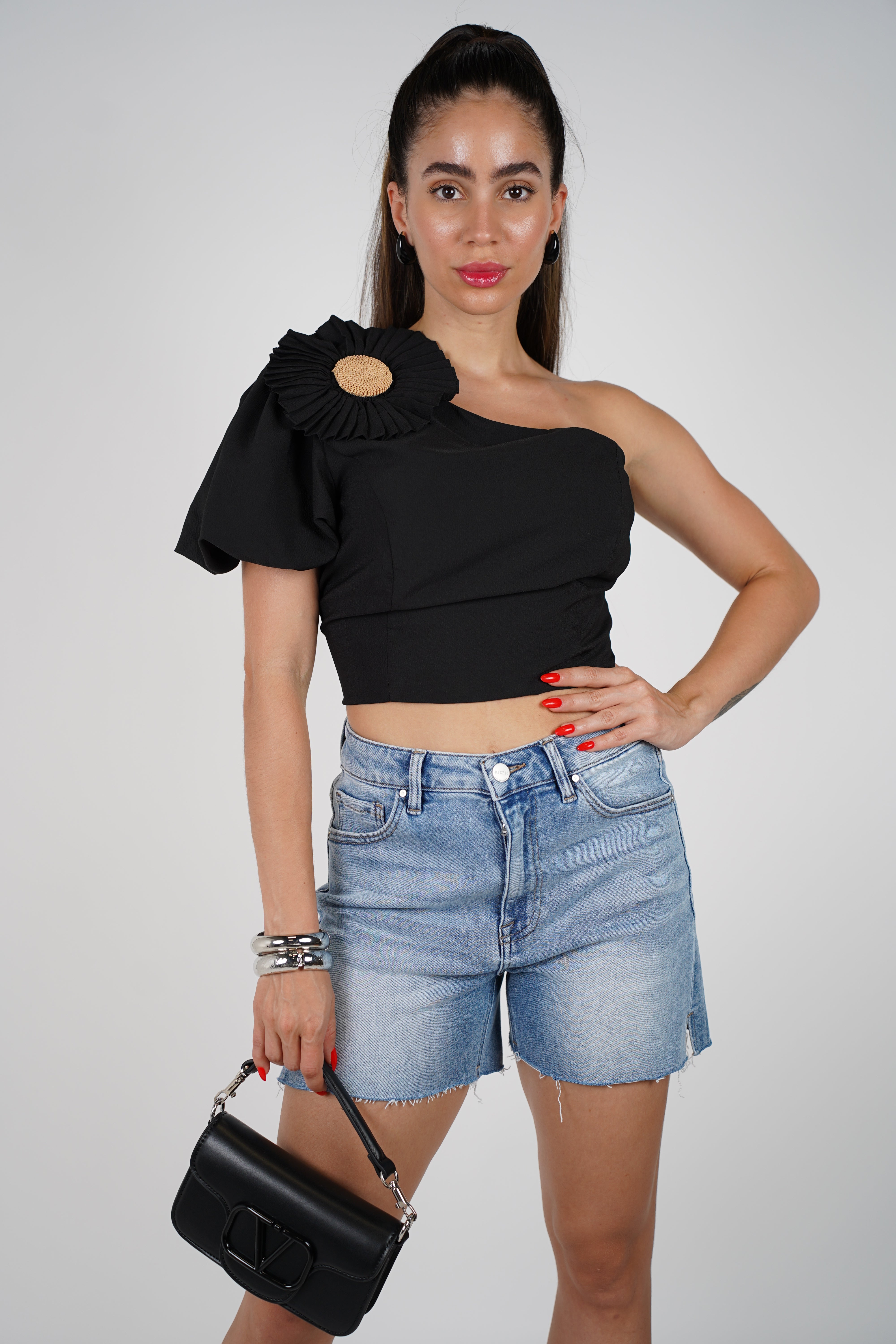 Olix One Shoulder Top – White Statement Puff Sleeve with Flower Accent