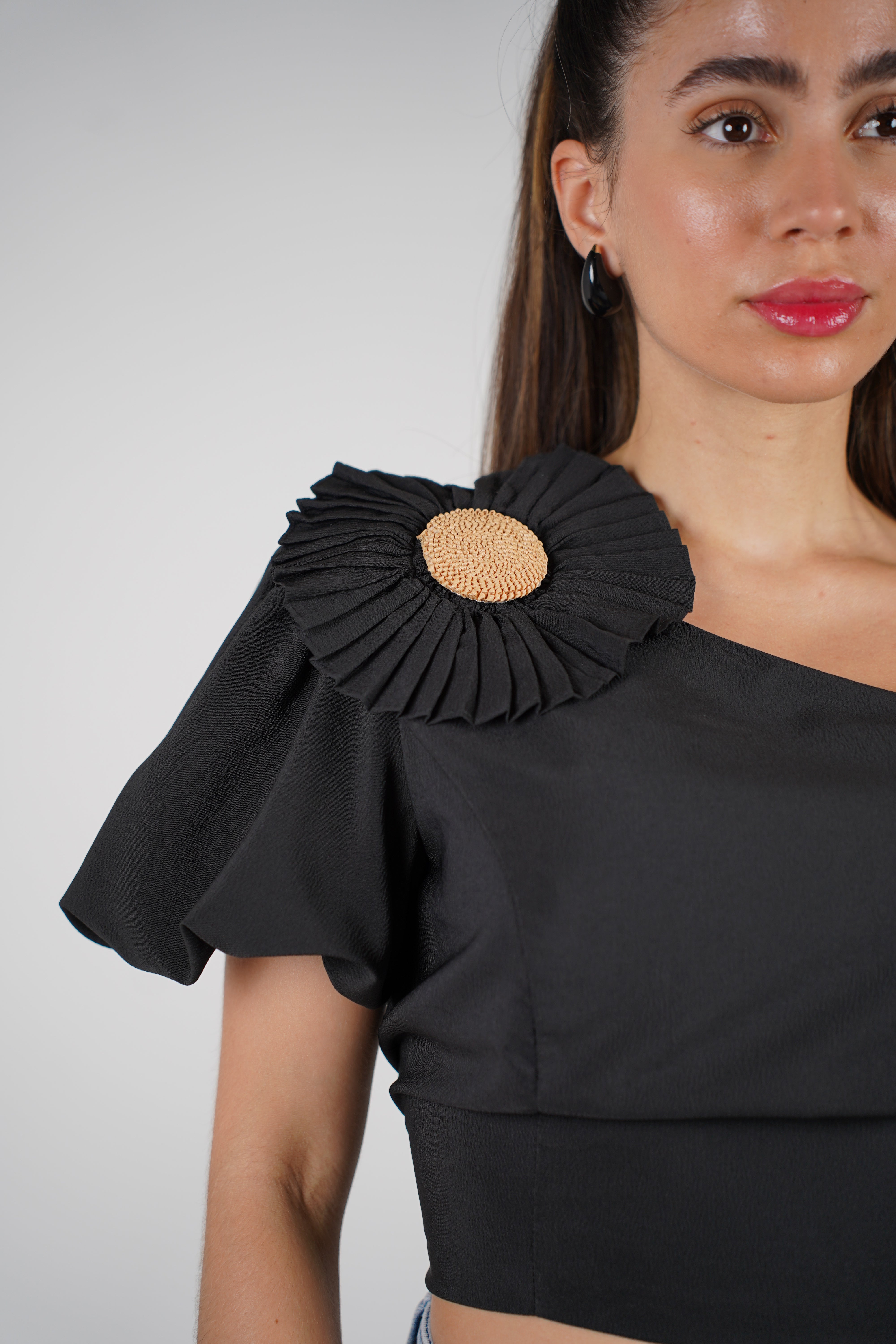 Olix One Shoulder Top – White Statement Puff Sleeve with Flower Accent