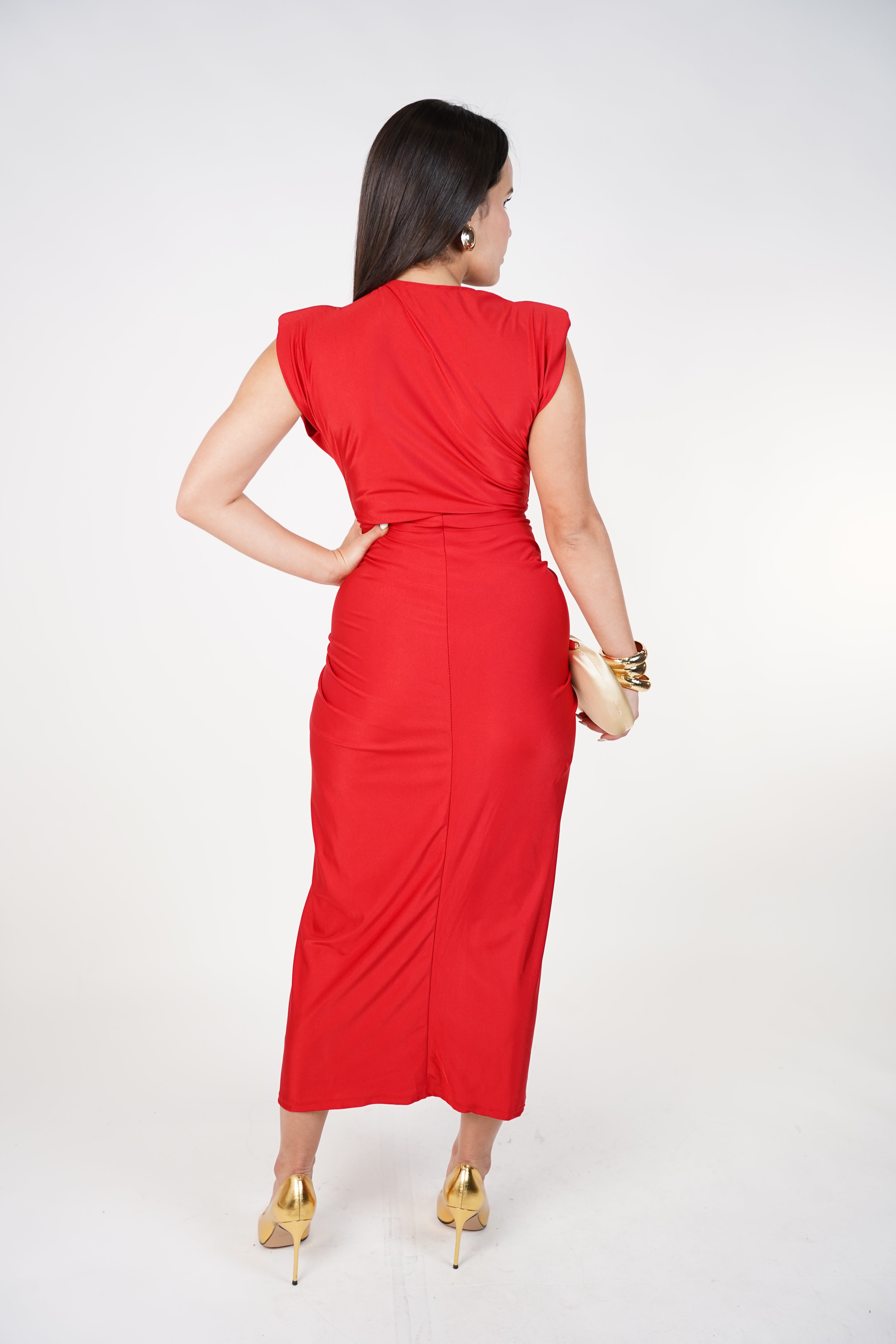 Fiora Midi Dress – Elegant Draped Black Dress