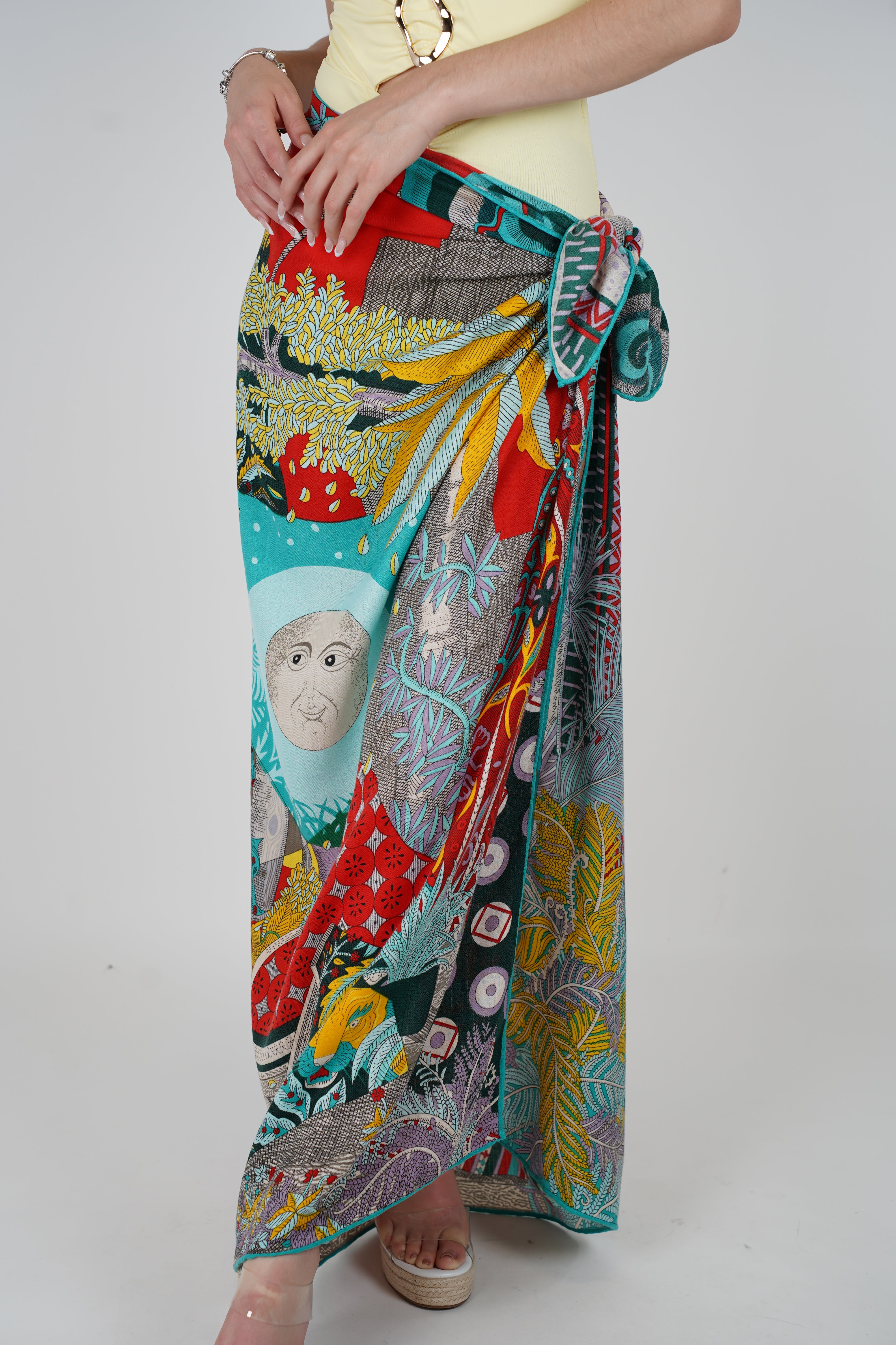 Narella Stamped Sarong – Multicolor Tie-Waist Cover-Up