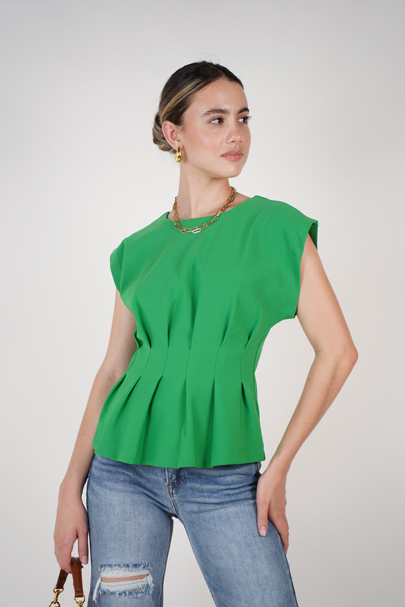 Carlota Top – Pleated Waist Green Blouse