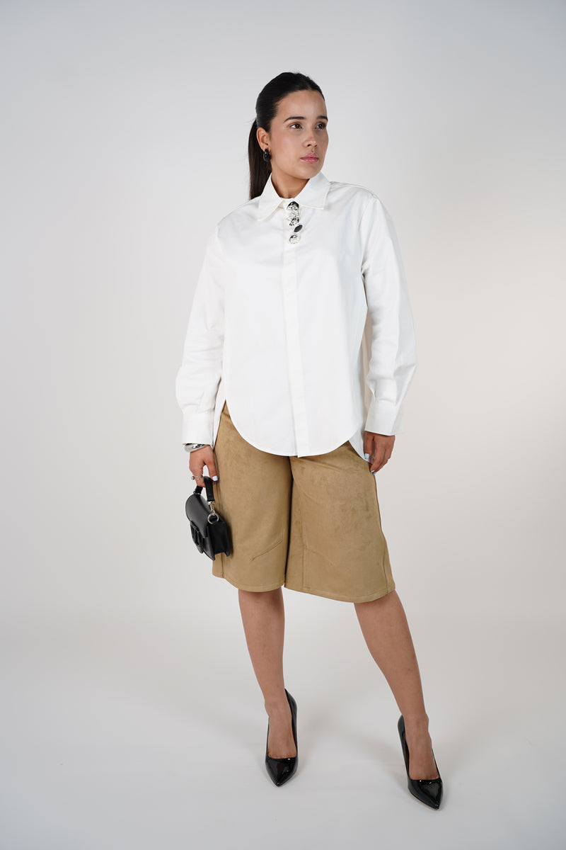 Miri Buttons Top – Crisp White Shirt with Statement Accents