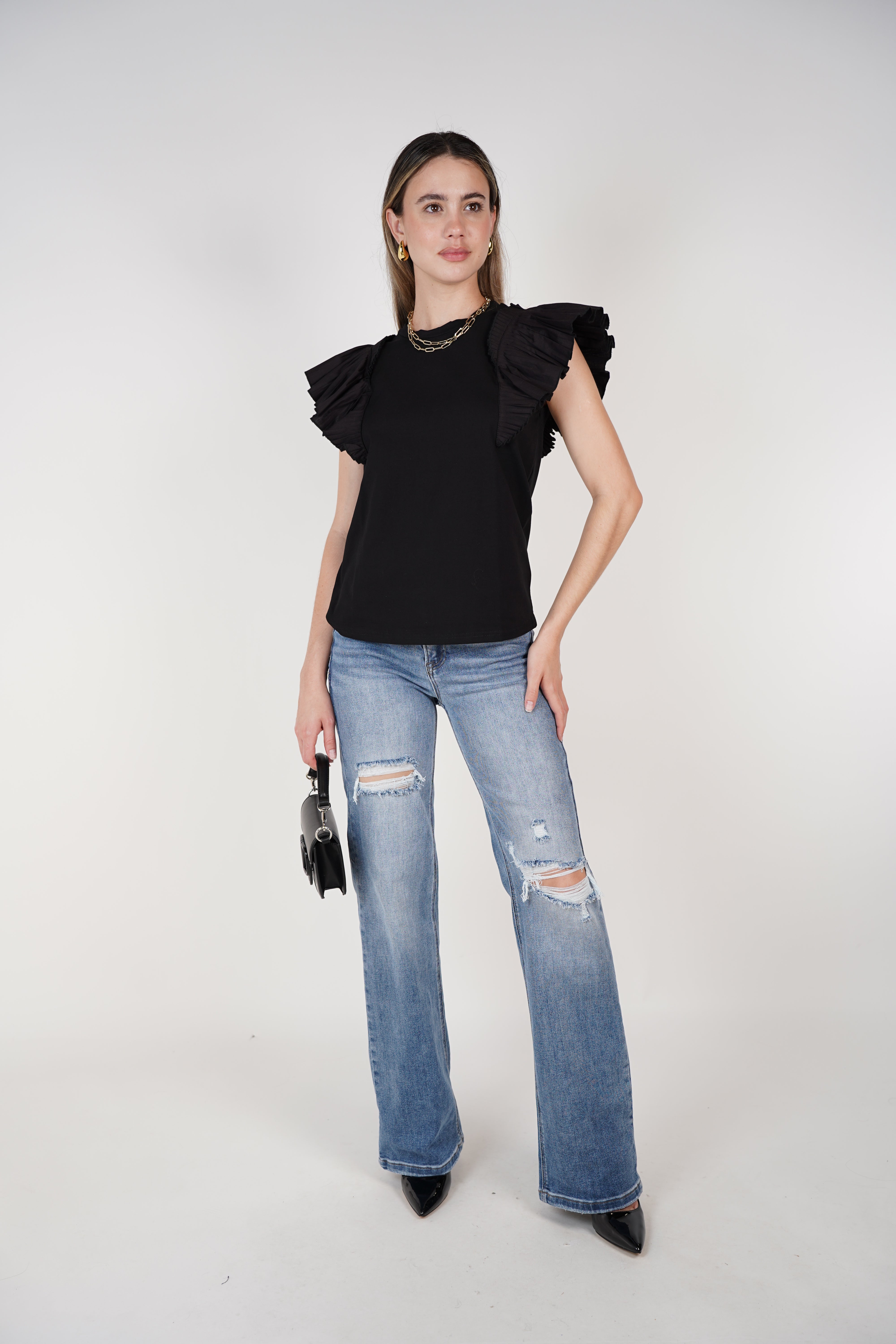 TCEC T-Shirt – Black Ruffle Shoulder Tee