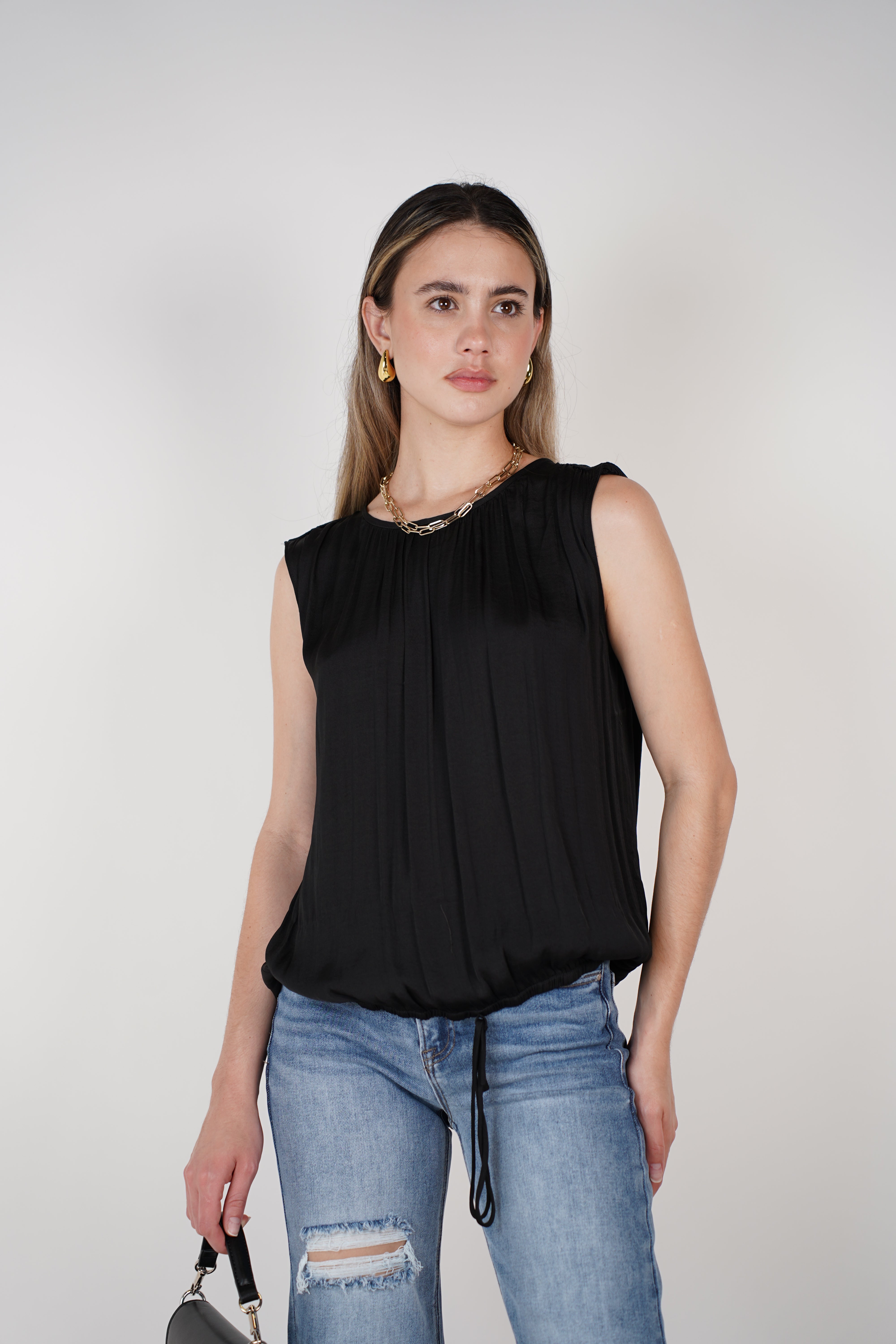 Negri Blouse – Black Sleeveless Gathered Top
