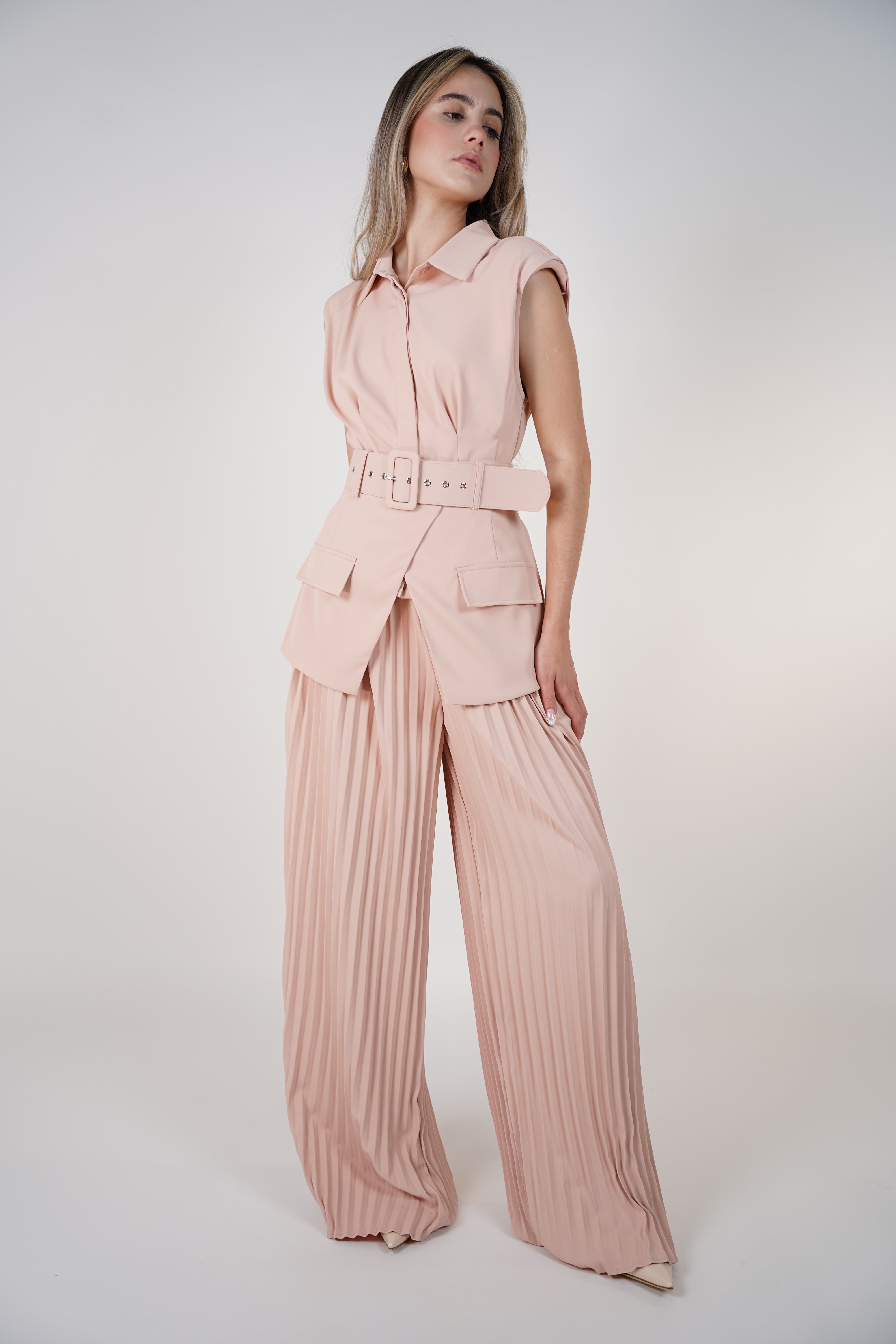 Elixir Pants Set – Pleated Elegance in a Soft Blush Hue