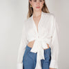 Glam Vneck Blouse – Sultry Satin Tie Top in Fuchsia or White