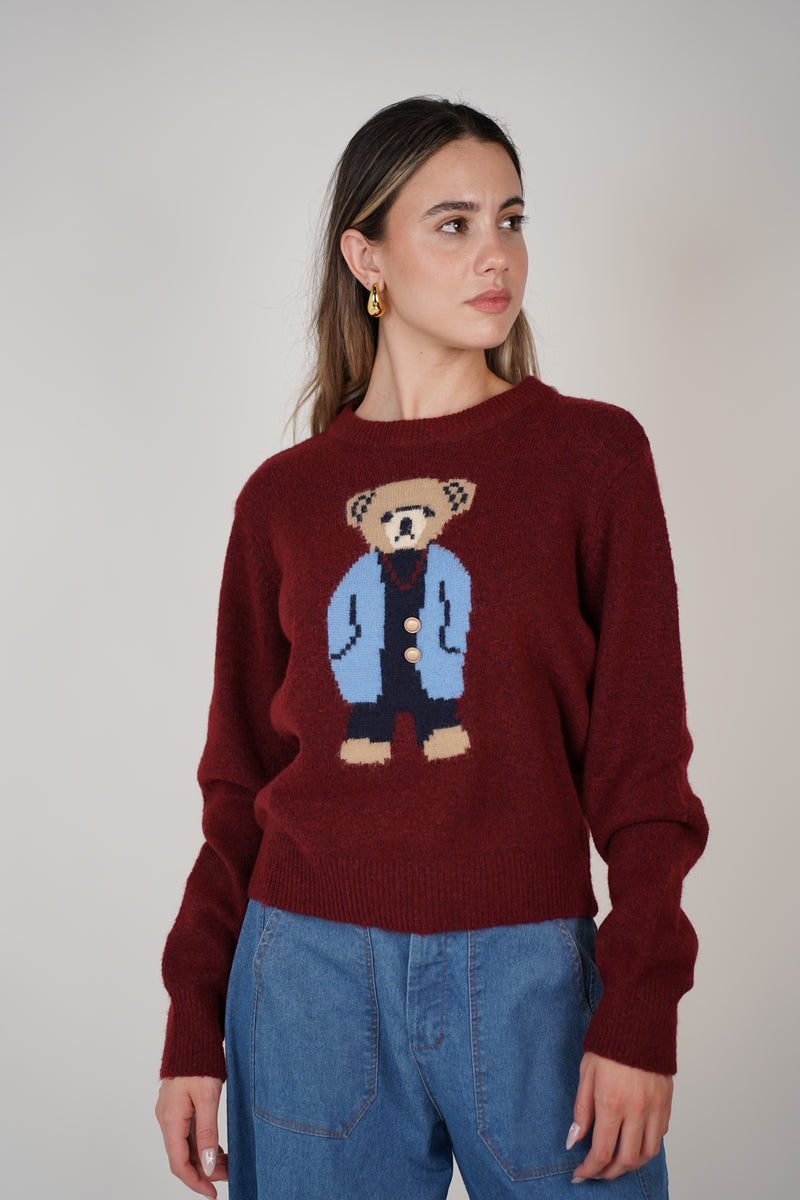 Alexia Sweater – Burgundy Bear Knit with Whimsy