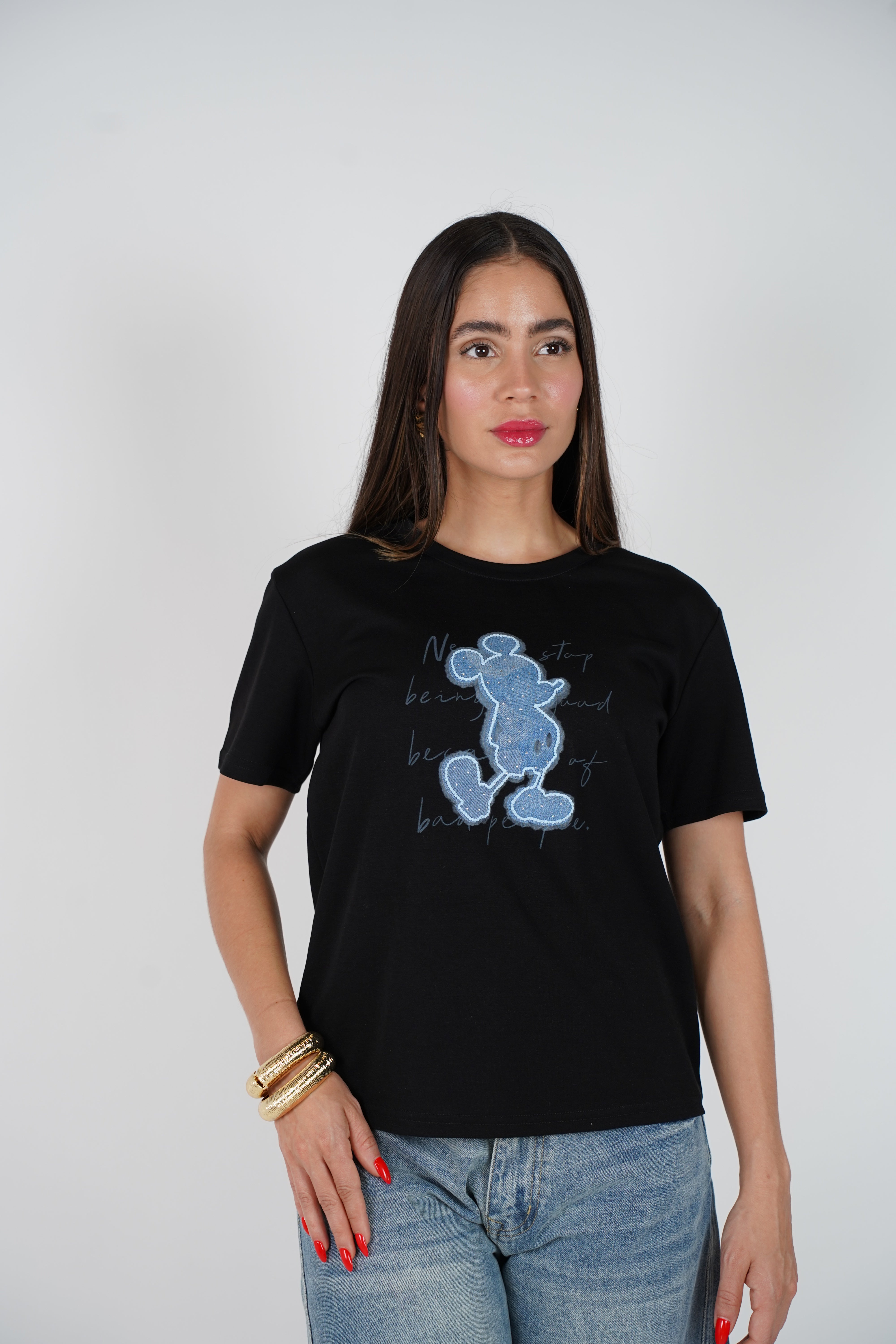 Avinel Mickey Top – Casual Black Tee with Sparkly Blue Mickey Detail