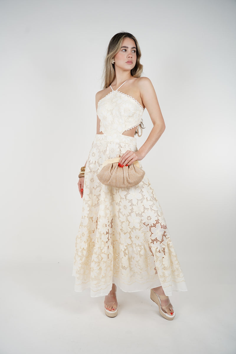 Noreya Maxi Dress – Ivory Floral Lace Cutout Dress
