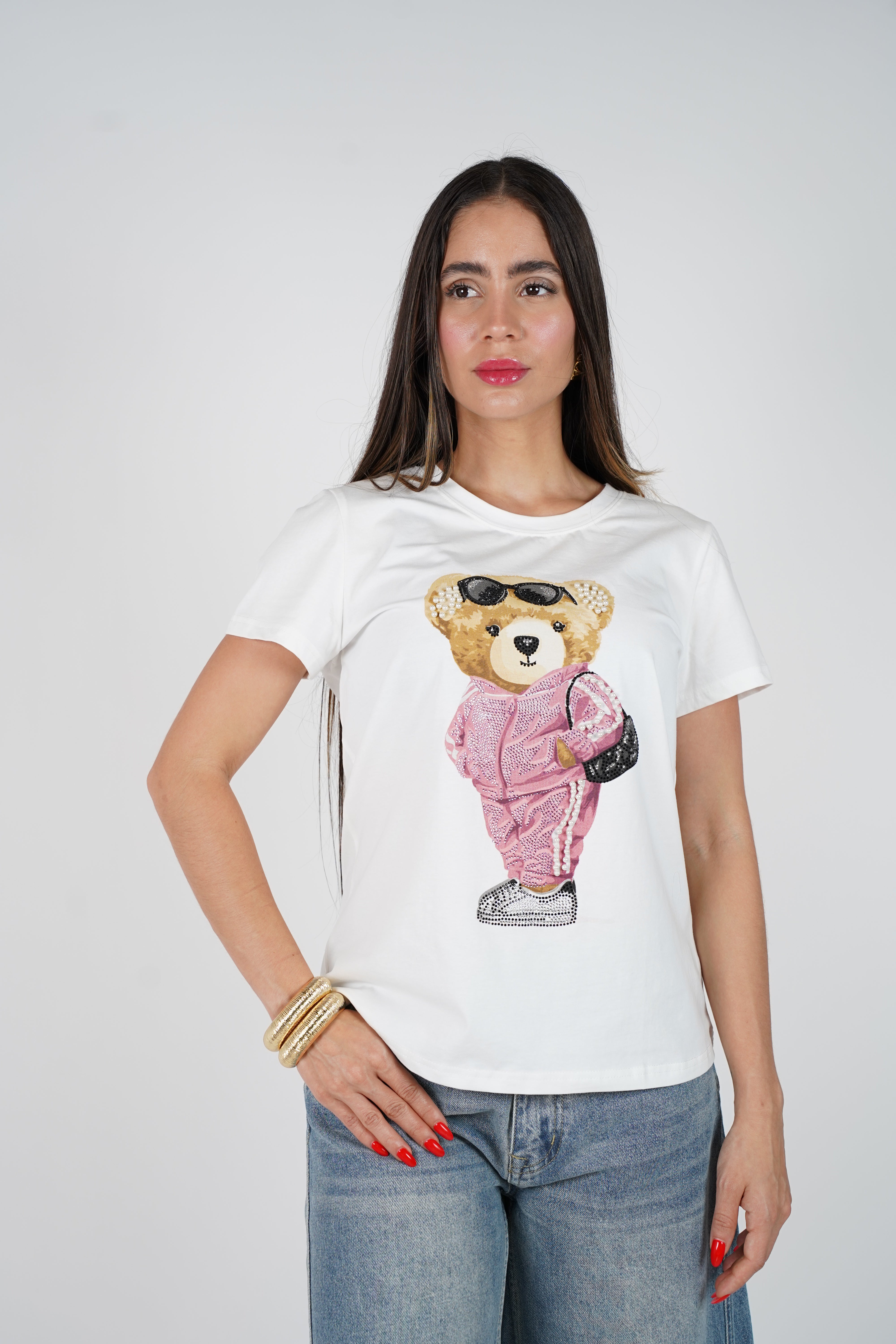 Rilena Bear Top – Playful Graphic Tee with Pearl & Rhinestone Details