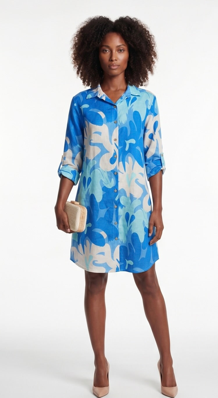 Aylin Stamped Linen Dress Bright Yellow & Lime Button-Down Shirt Dress Royal Blue / One size Aylin Stamped Linen Dress Bright Yellow & Lime Button-Down Shirt Dress Royal Blue / One size